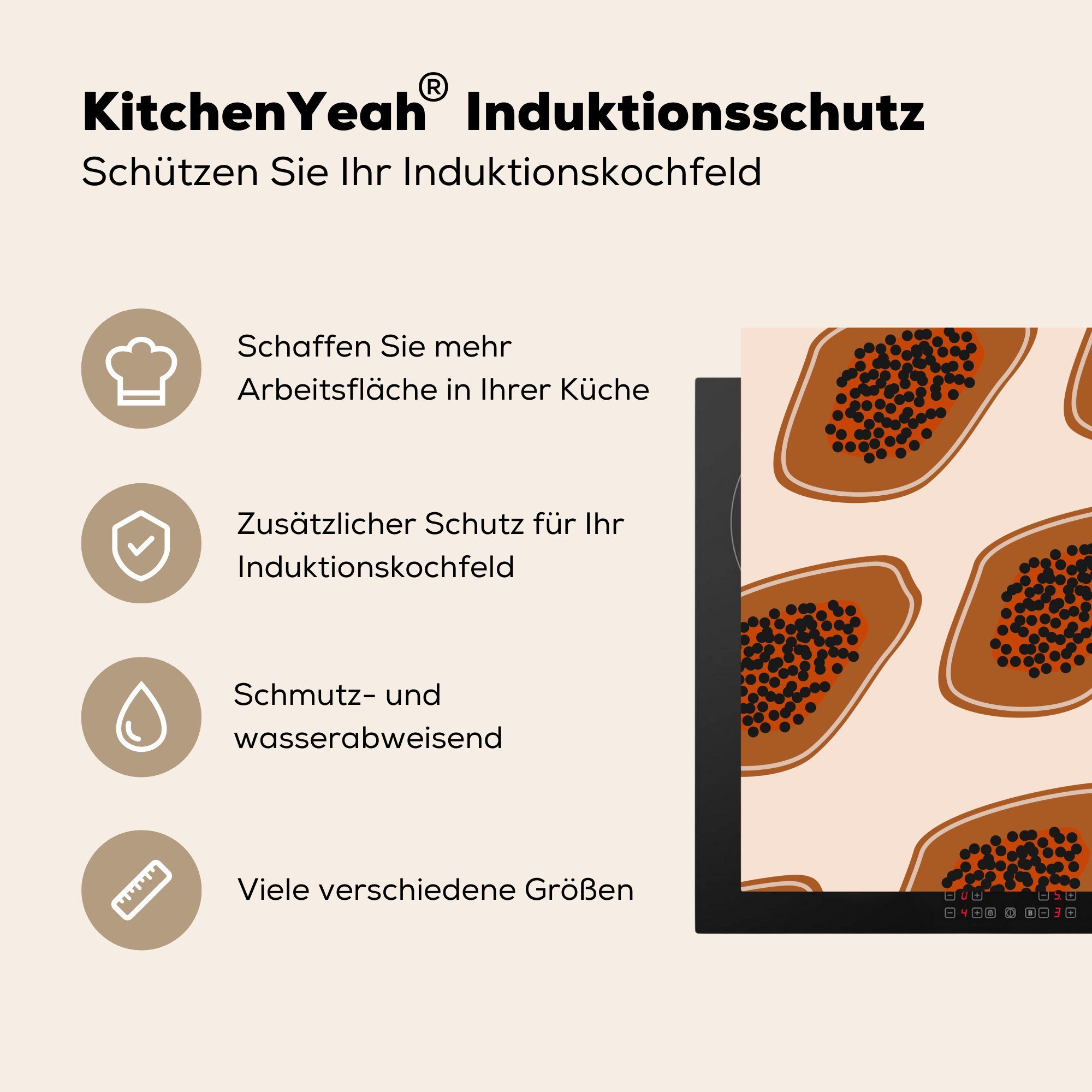 - 78x78 Arbeitsplatte MuchoWow Braun, (1 küche Ceranfeldabdeckung, Avocados - Vinyl, Sommer tlg), Herdblende-/Abdeckplatte cm, für