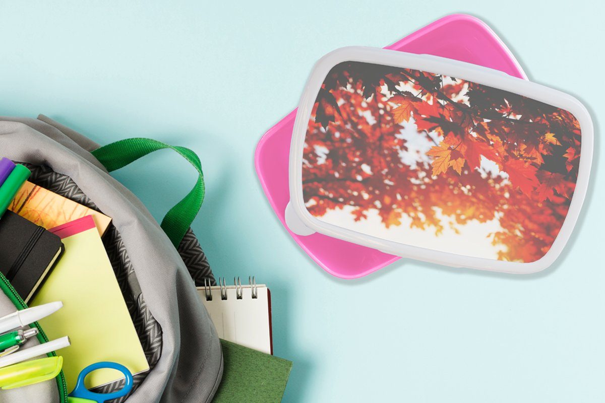 rosa - Kinder, Rustikale MuchoWow Kunststoff Sonne, Brotbox Kunststoff, - Herbstliche Dekoration Brotdose Erwachsene, (2-tlg), Snackbox, Blätter Lunchbox Mädchen, für