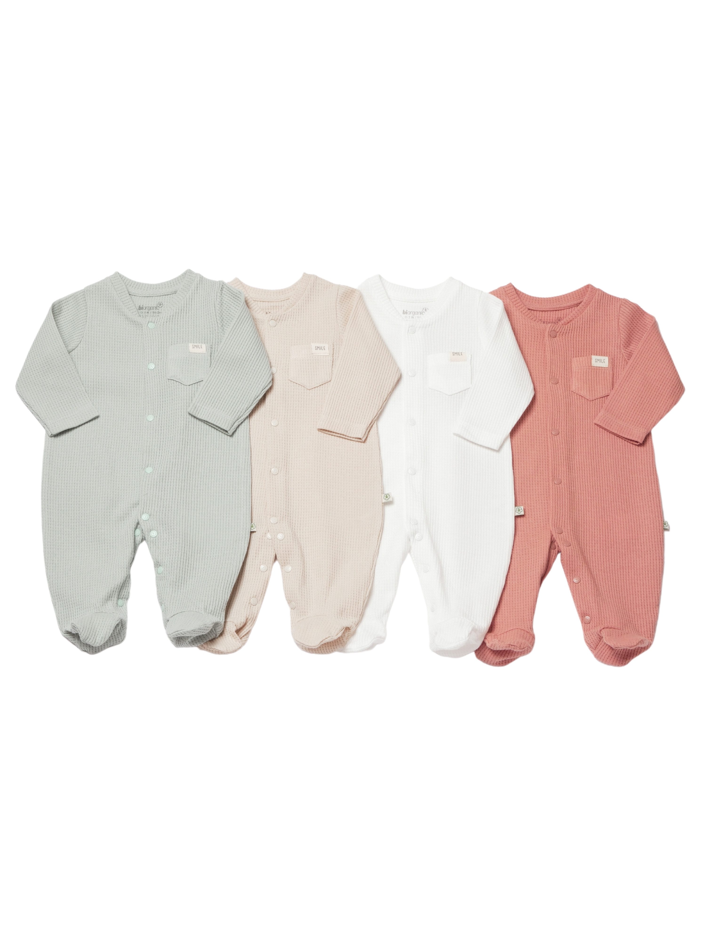 biorganic Strampler Baby Waffle Smile mit Fuß für Jungen und Mädchen Unisex Langarm (1-tlg) geknöpft, 100% Bio-Baumwolle, Waffelstruktur