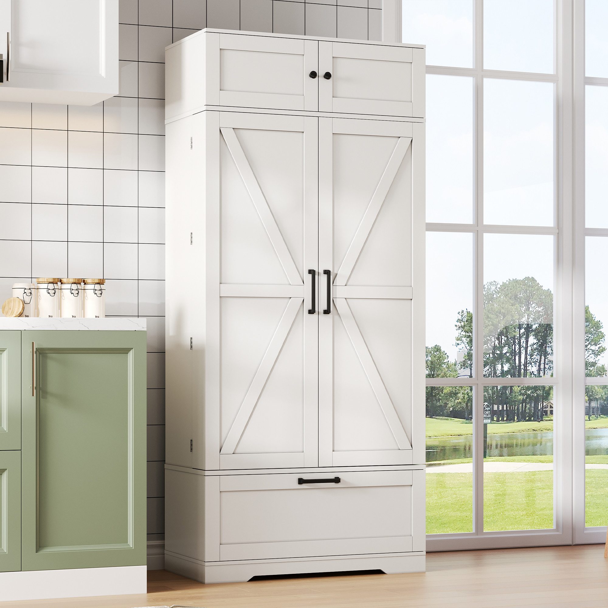 Flieks Hochschrank mit Schubladen, Weinregal und Türregalen (1-St., 80×40×180 cm) Mehrzweckschrank Küchenschrank mit verstellbare Einlegeböden Weiß