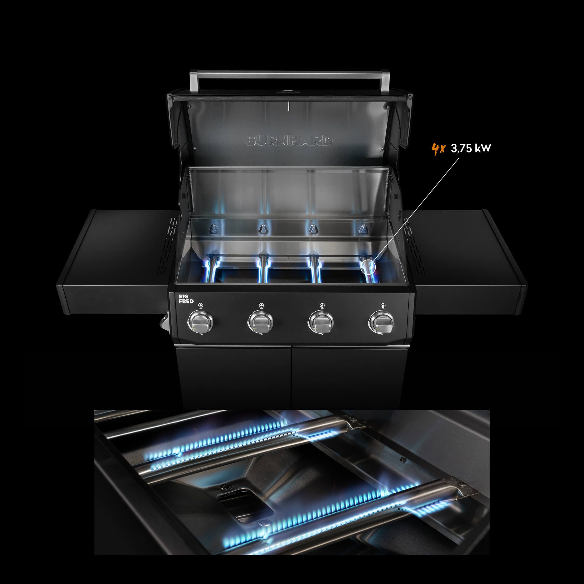 BURNHARD® Gasgrill 4-Brenner, 15 kW, 4 Edelstahlbrenner, Piezo-Zündung, große Grillfläche 70x41,5 cm, Gussrost, für bis zu 15 Personen, Outdoor BBQ – Big FRED Base