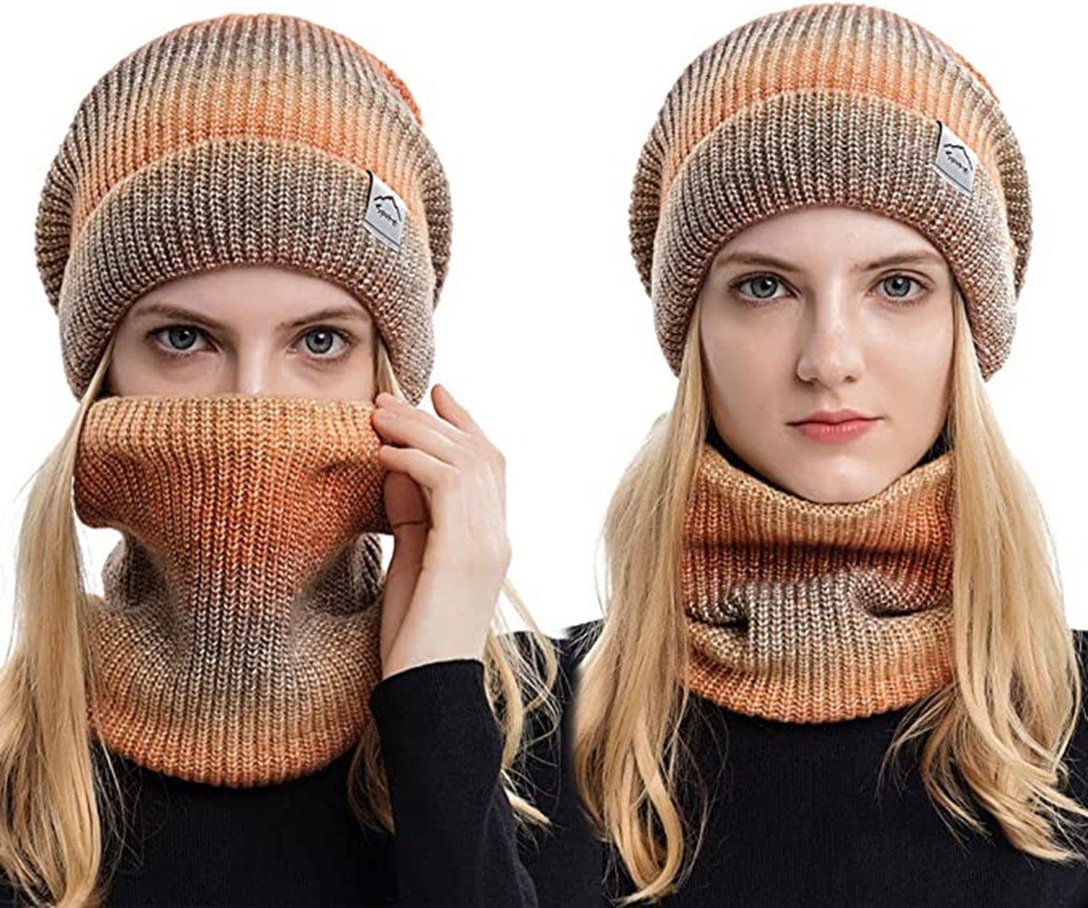 XDeer Mütze & Warme Schal Mütze Mütze Schal Orange mit Wintermütze mit Farbverlauf Set,Wollmütze Strickmütze Schal Wintermütze Damen