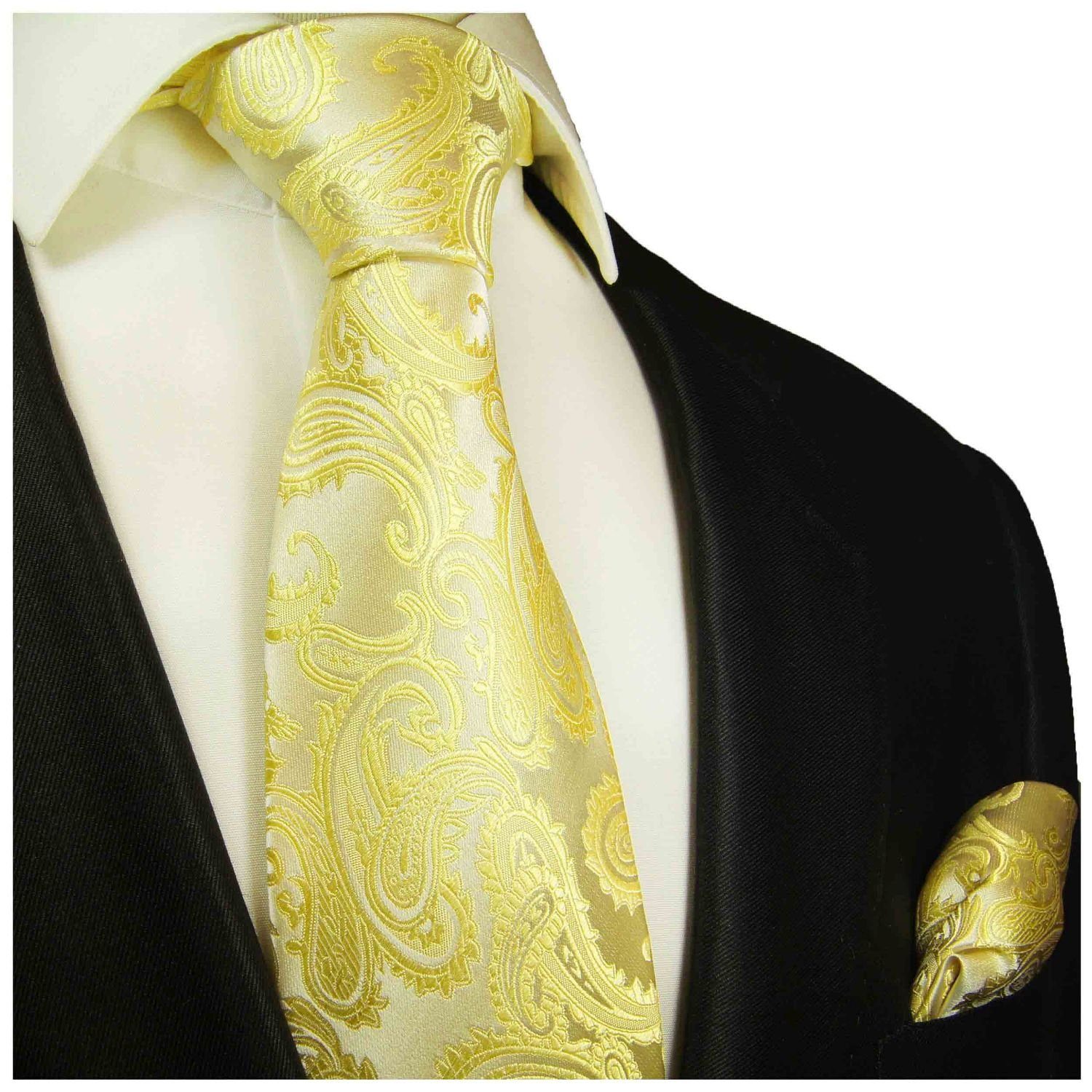 Paul Malone Krawatte Elegante Herren Seidenkrawatte mit Tuch paisley brokat 100% Seide (Set, 2-St., Krawatte mit Einstecktuch) gelb 2107 | Breite Krawatten