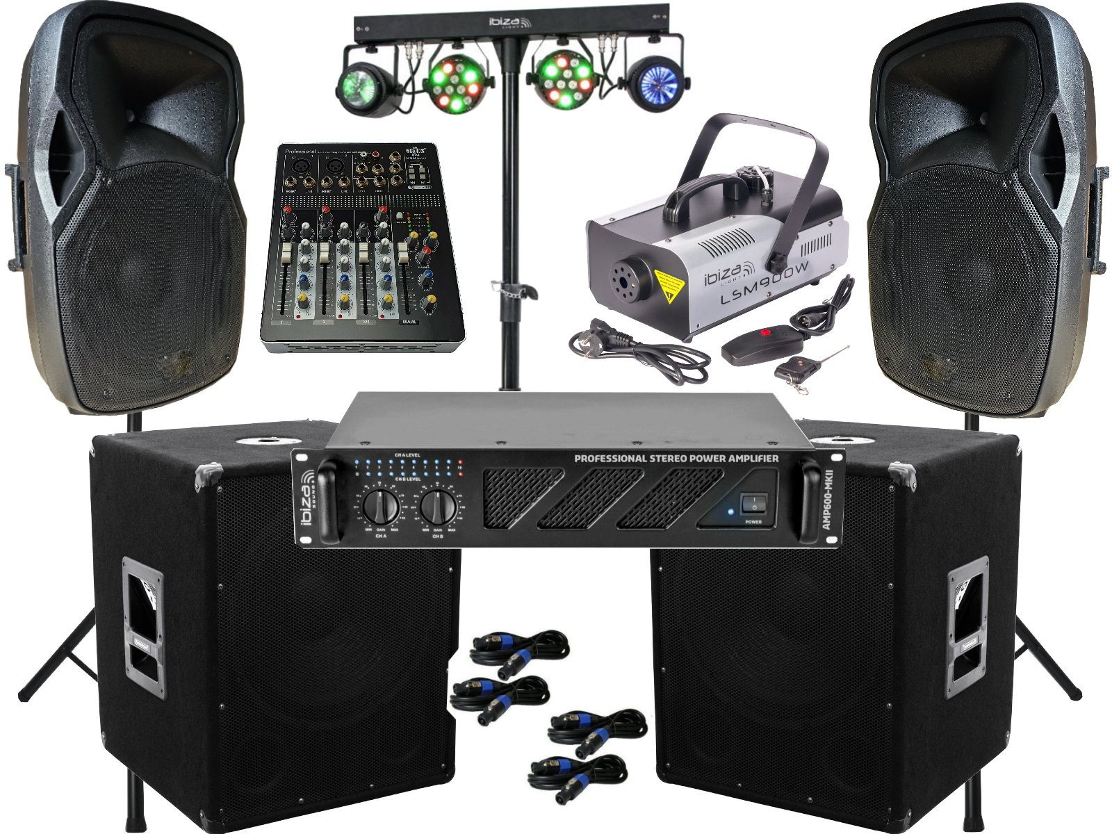 DJ PA Anlage 3600Watt 38cm Box USB Mischpult Stativ LED Light Nebel Ko Party-Lautsprecher