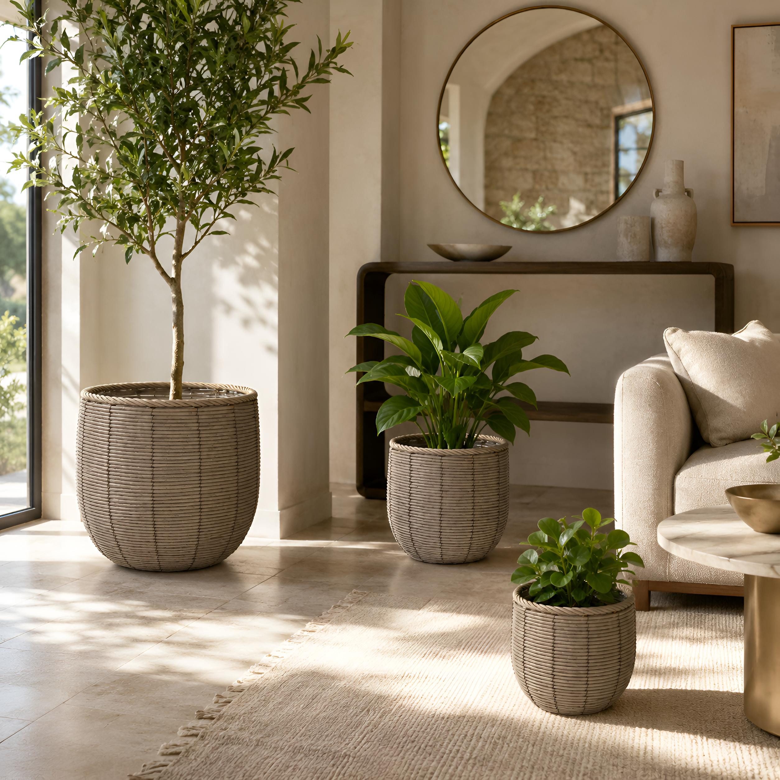 colourliving Blumentopf Gala Pflanzkübel Rattan 3er-Set – Große Indoor Blumentöpfe Naturgrau (3 St), Integrierter Folieneinsatz, dekorative Flechtoptik