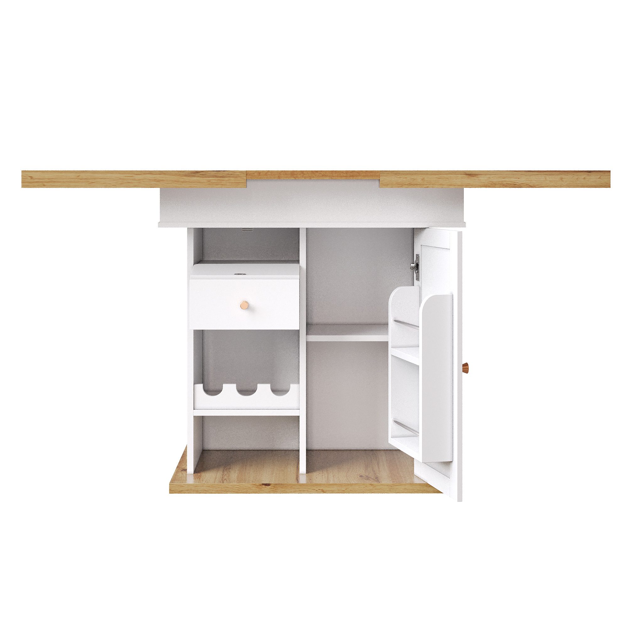 Flieks Esstisch ausziehbarer Küchentisch mit Schubladen und Türablagen (Länge110-140/T80/H75 cm, rechteckige Tischplatte mit Holzmaserung, 1-St., 1 Tisch), erweiterbarer Teleskoptisch mit Weinregal und Stauraum Schreibtisch