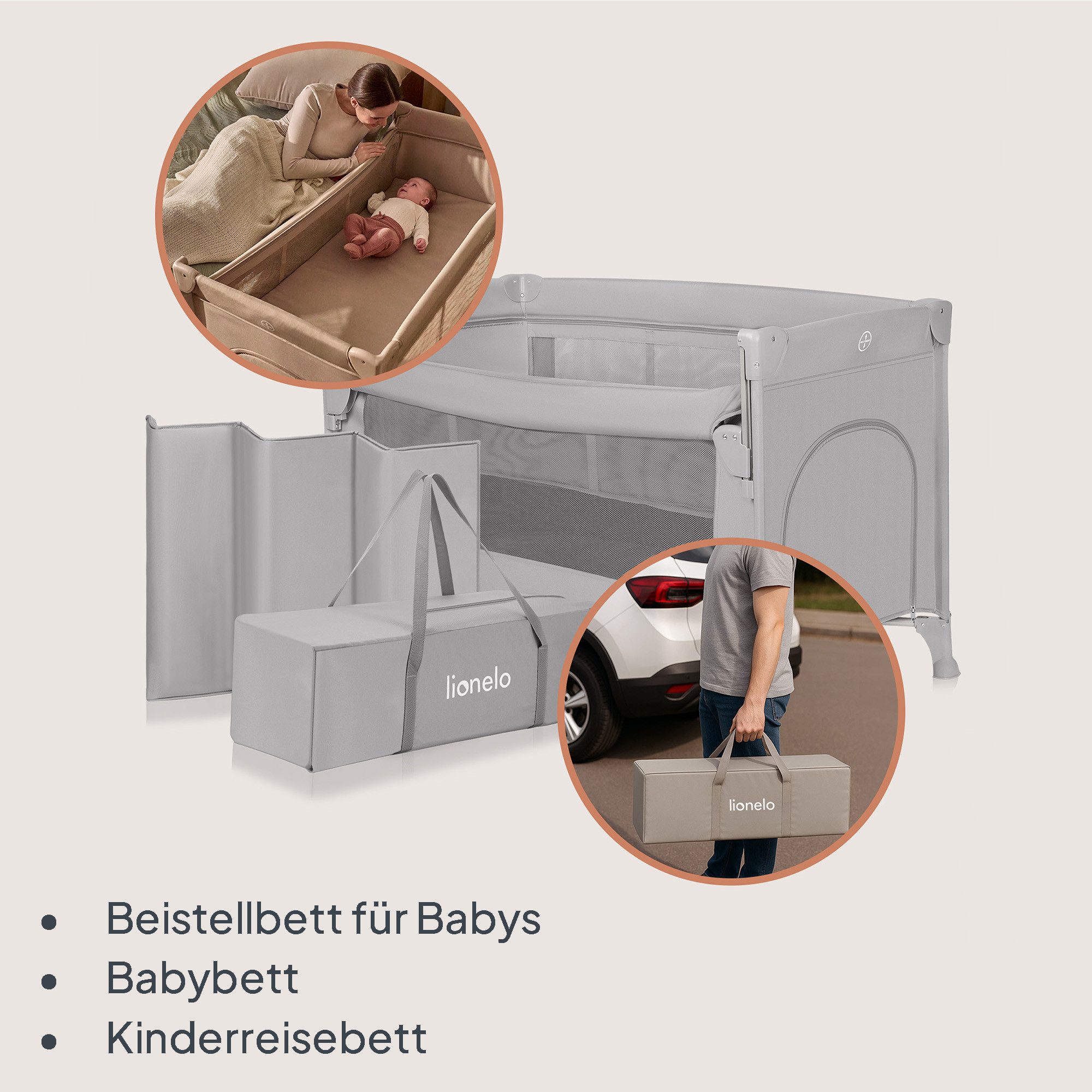 lionelo Reisebett ELLEN (Set, Set mit Matratze, Organizer und Transporttasche) 0-36 Monaten/Zusatzbett-Funktion/Seitlicher Eingang/Matratze