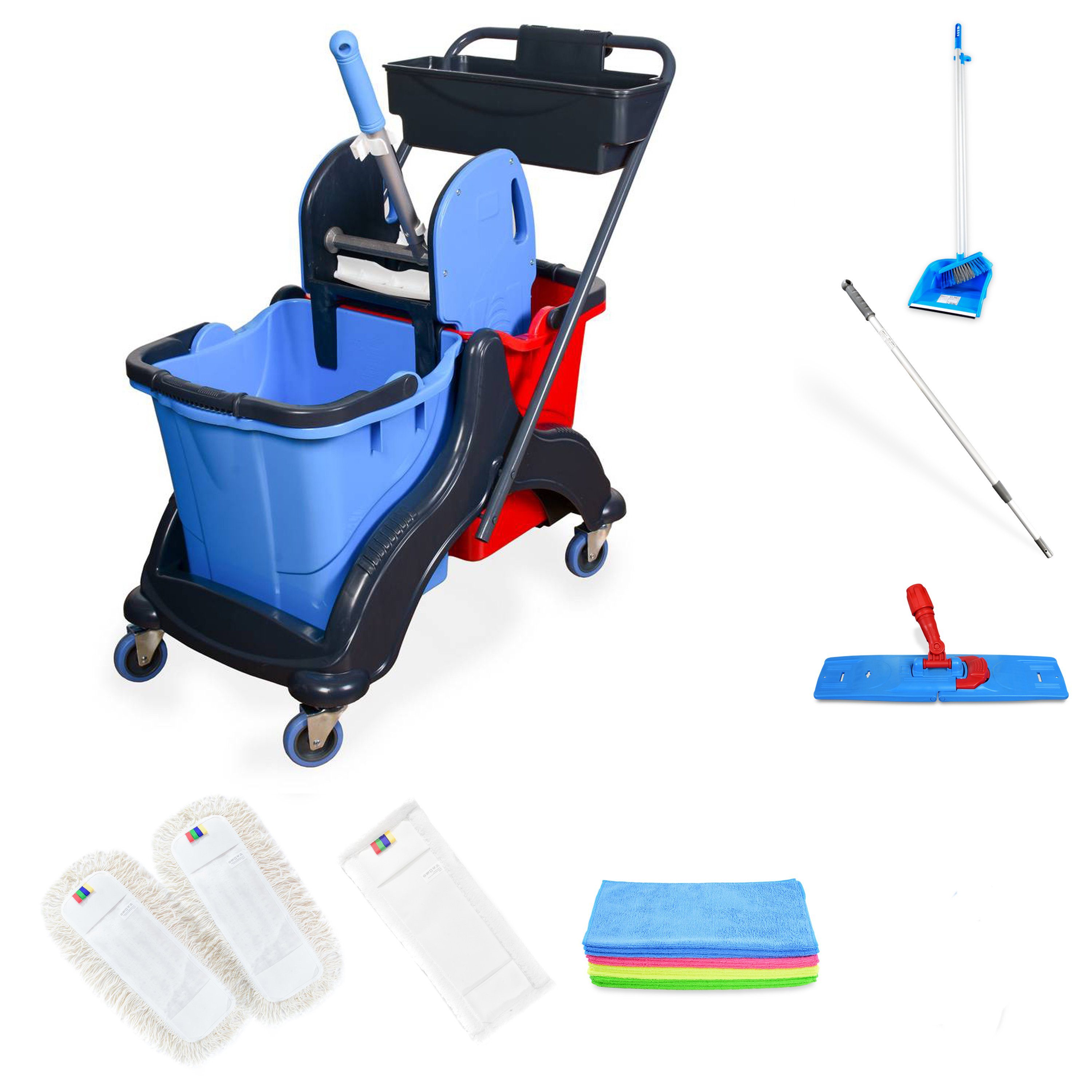 Hypafol Putzwagen, (SET, 2x Eimer, Mopp-Presse, 3x Wisch-Möppe, Mikrofasertücher, Kehrgarnitur)