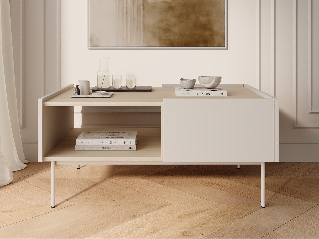GrainGold Couchtisch Drevo (Set, Couchtisch, Metallfüße), mit zwei Schubladen, Metallbeine, Matte Finish