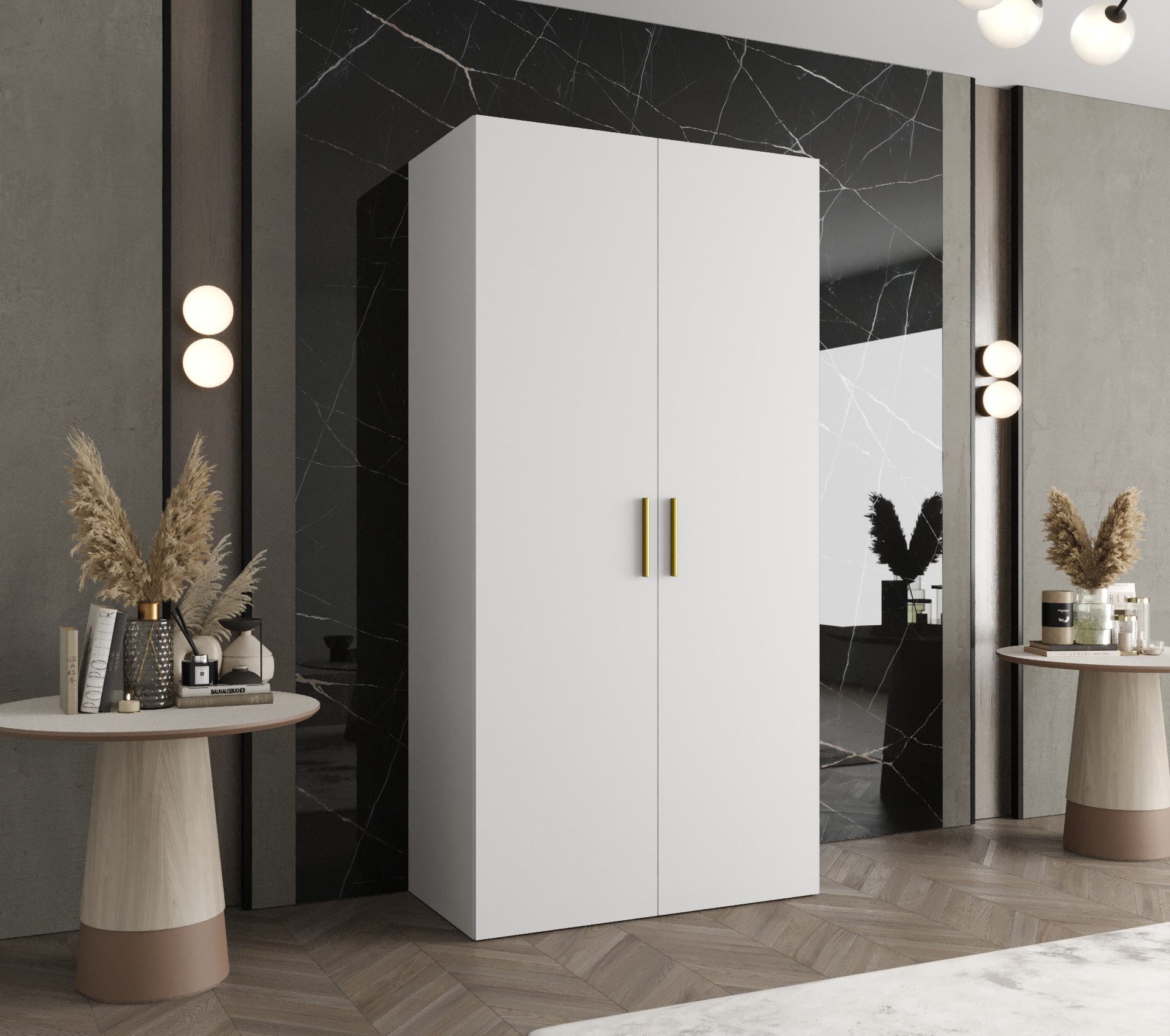 MOEBLO Drehtürenschrank LIVENTO 1 (mit Soft-Close, moderne Griffe – Moderner Kleiderschrank mit Einlegeböden & Kleiderstange für Schlafzimmer und Ankleide, Kleiderschrank Schrank Garderobe Schlafzimmer Drehtürenschrank) (BxHxT): 100/150/200/250/300x202x52 cm