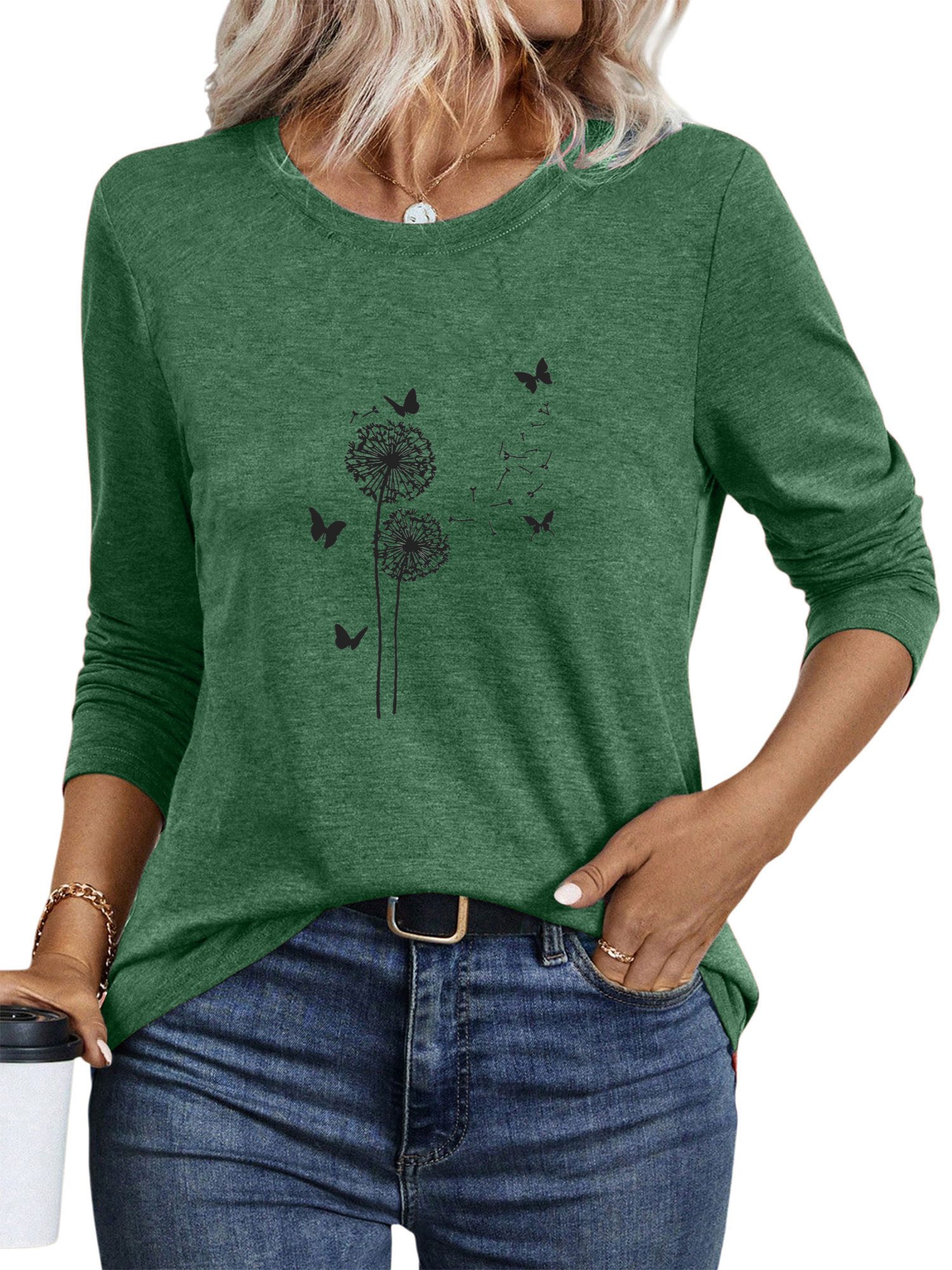 PYLIKE Langarmshirt Damen Rundhalsausschnitt Longsleeve mit Löwenzahn Print günstig online kaufen