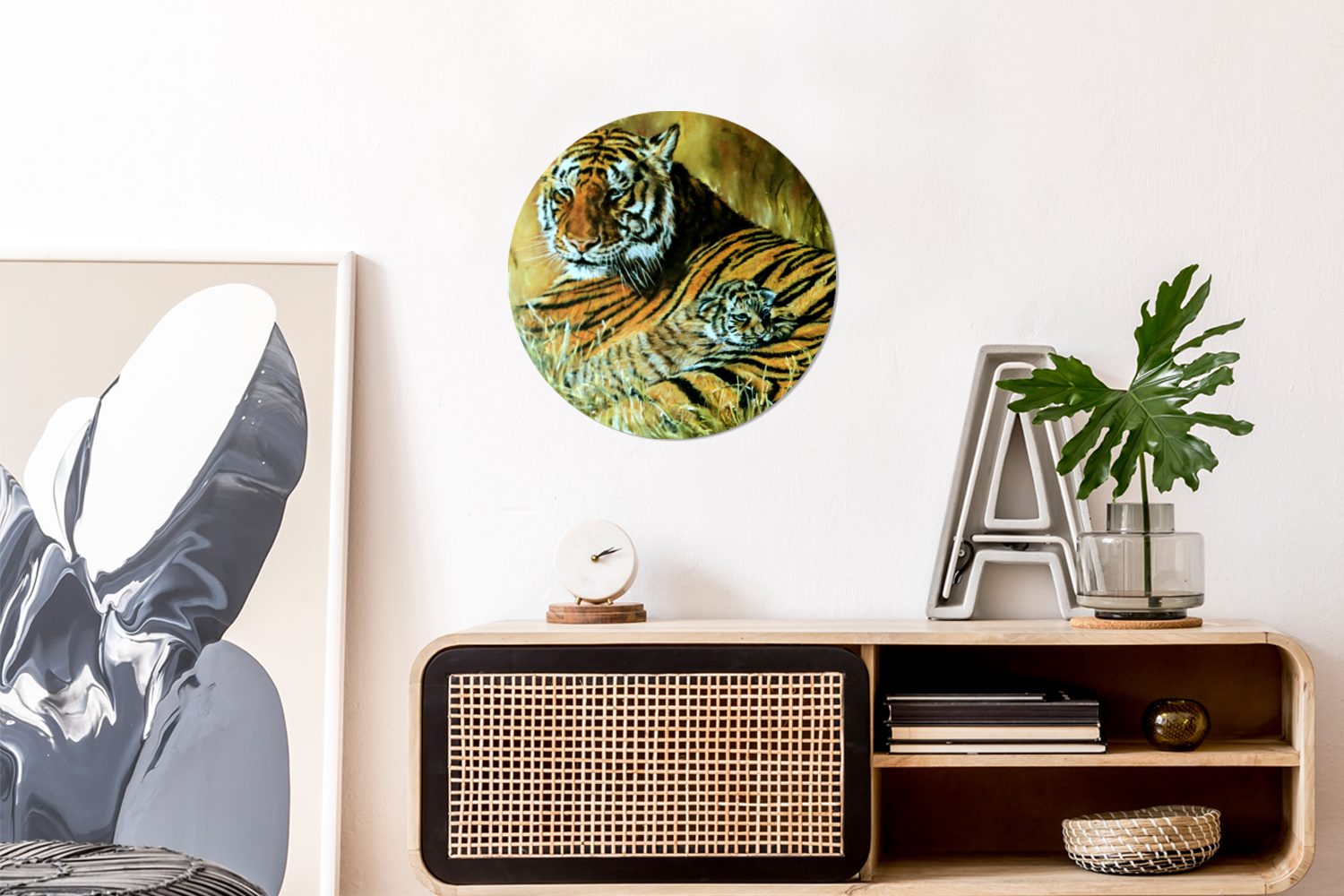 MuchoWow Gemälde Wandbild, Wanddekoration Ölgemälde Rundes Tiger Kreis und Junges, (1 Wohnzimmer, 30x30 St), cm Forex, ihr