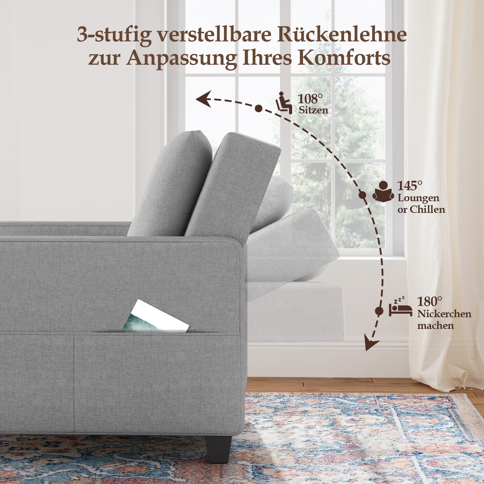 OUNUO Sofa Schlafsofa Klein 3 in 1, Klappsofa & Schlafhocker mit Bettfunktion