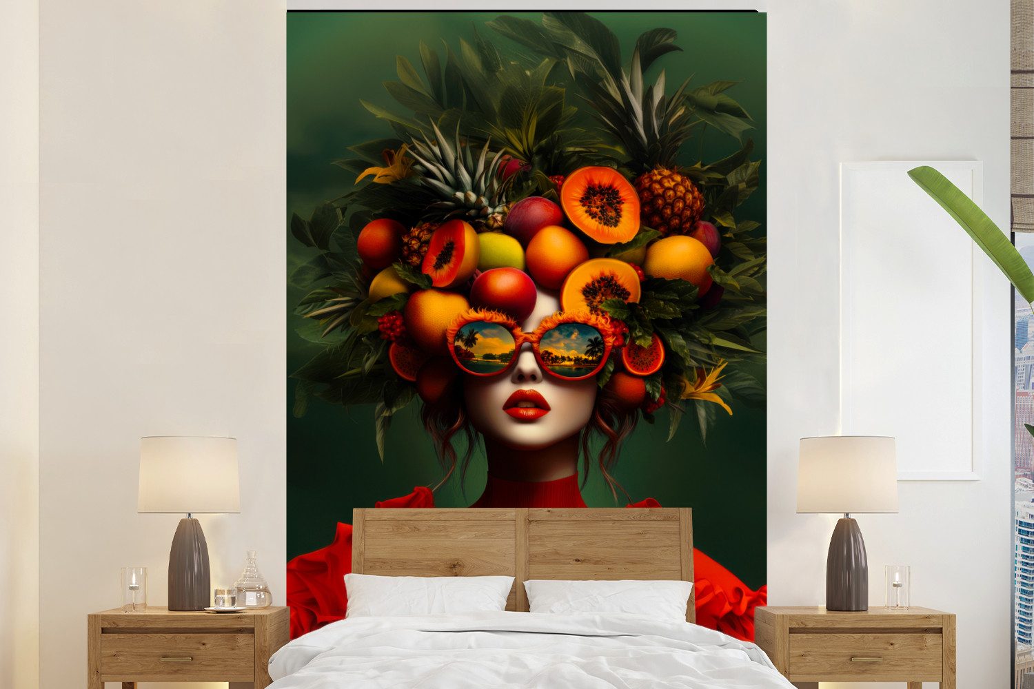 MuchoWow Fototapete Frau - Früchte - Papaya - Ananas, Matt, bedruckt, Montagefertig Vinyl Tapete, Wandtapete, 145x220 cm