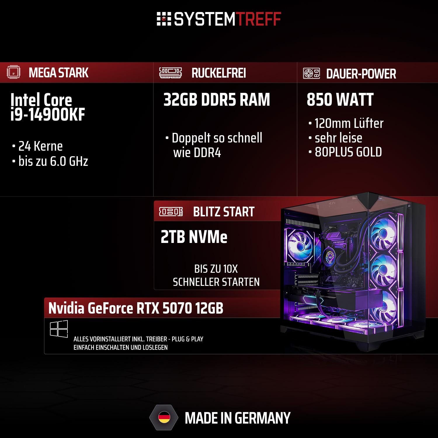 SYSTEMTREFF Intel Core i9-14900KF mit Nvidia GeForce RTX 5070 12GB Gaming-PC (Intel 14900KF 14900KF, Nvidia GeForce RTX 5070, 32 GB RAM, 2000 GB SSD, Wasserkühlung)
