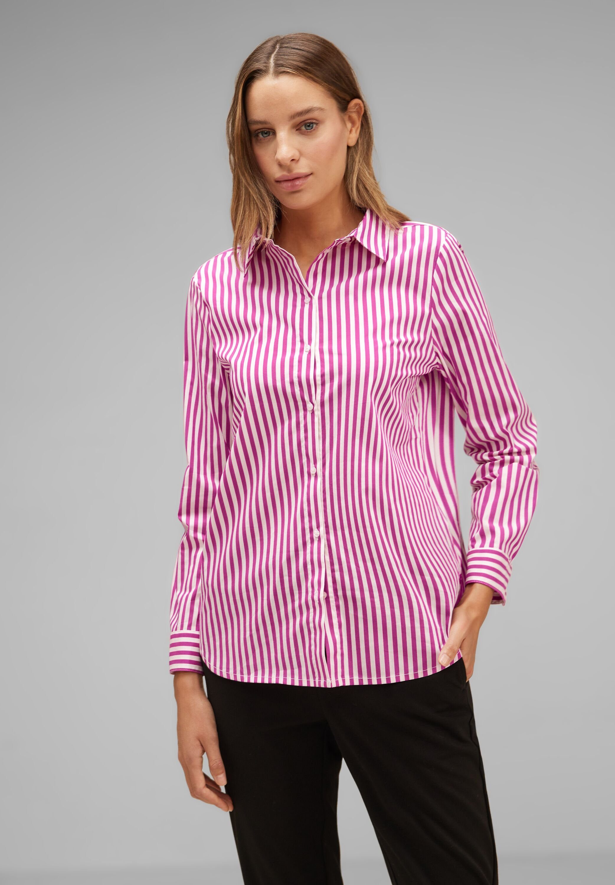 STREET ONE Klassische Bluse Street One Streifen Hemdbluse in Bright Cozy  Pink (1-tlg) Nicht Vorhanden, Maße bei EU-Größe 38 ca.: Länge 72 cm, Brust  108 cm, Saumweite 115 cm