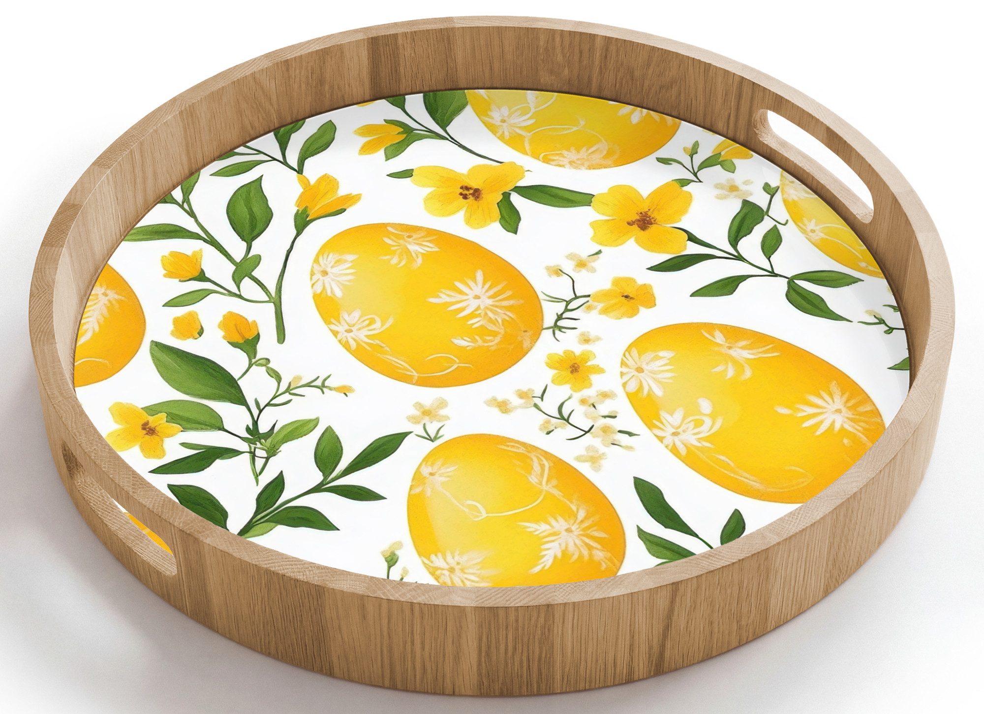 OnlyWow Tablett Rund mit Henkel Blumen - Ostereier - Gelb, Eichenholz, (1-tlg), Siervierplatte, Tray, Frühstücksbrett