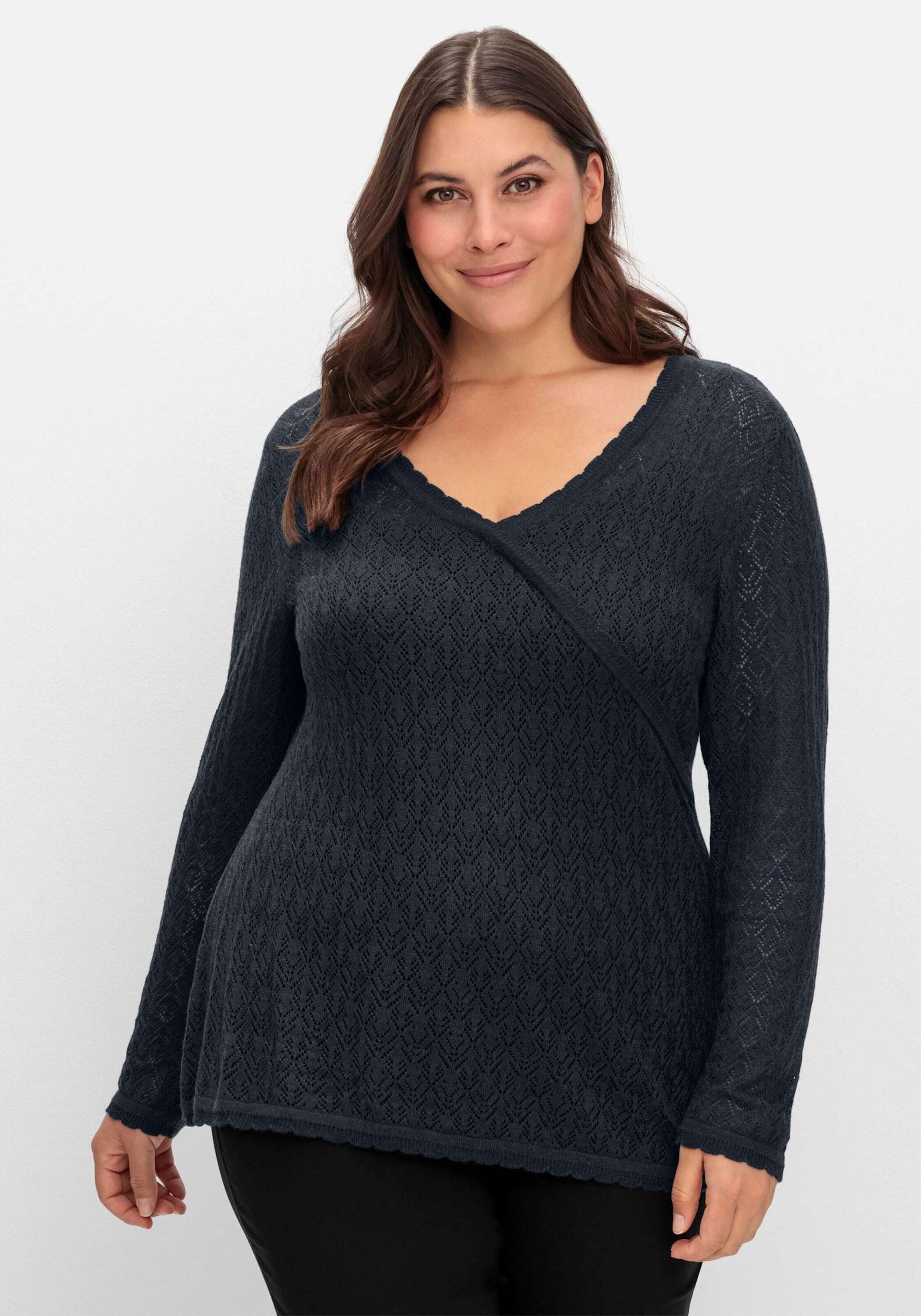 Strickpullover V-Ausschnitt-Pullover Langarm Ajour
