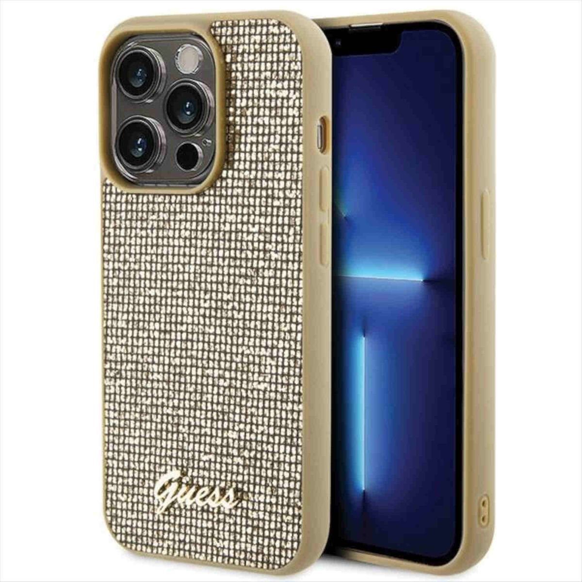 Guess Smartphone-Hülle Guess Apple iPhone 15 Pro Schutzhülle Cover Disco Metal Script Gold