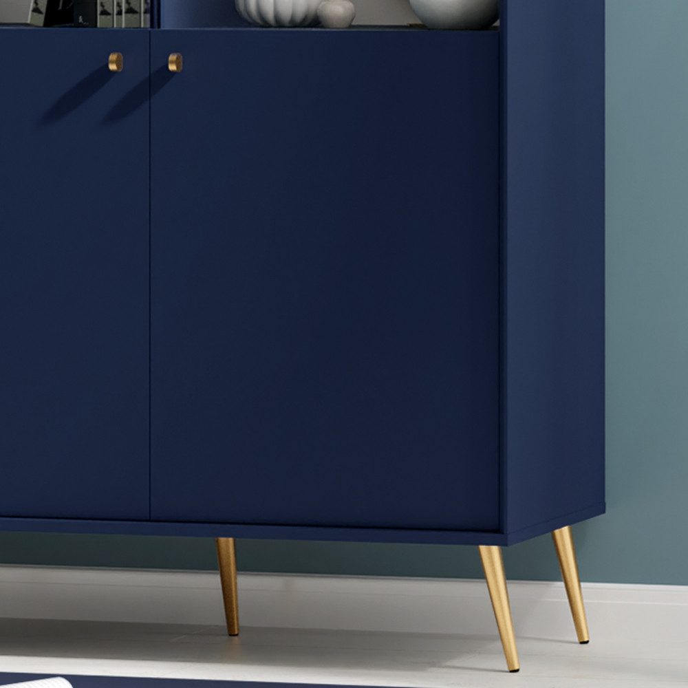 Lomadox Vitrine RIPLEY-166 blau, 105 cm breit, 2 Türen, goldene Füße und Griffe