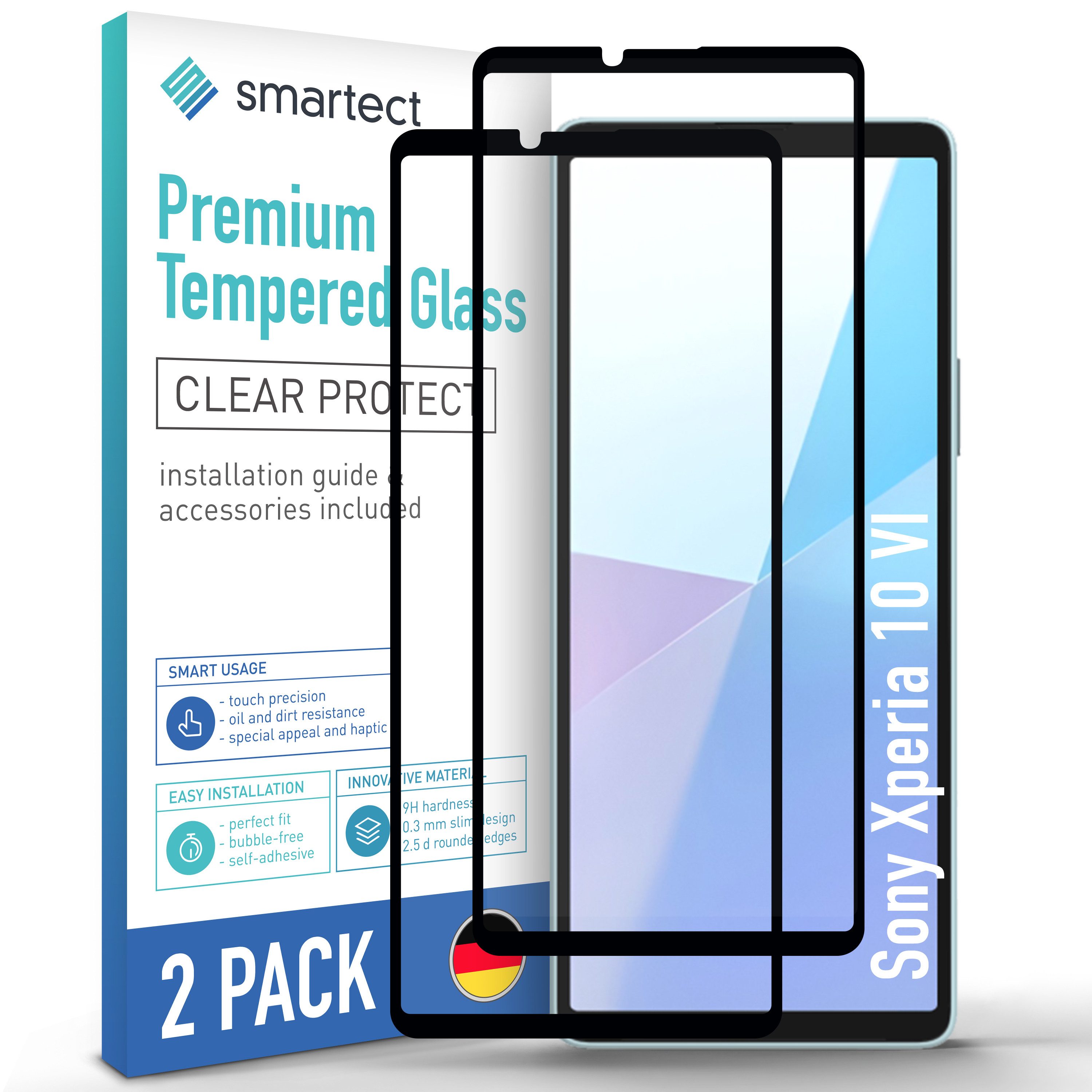 smartect Displayschutzglas Schutzglas Panzerfolie Full Screen für Sony Xperia 10 VI, Set, 2 Stück, Schutzfolie Glasschutz Bildschirm