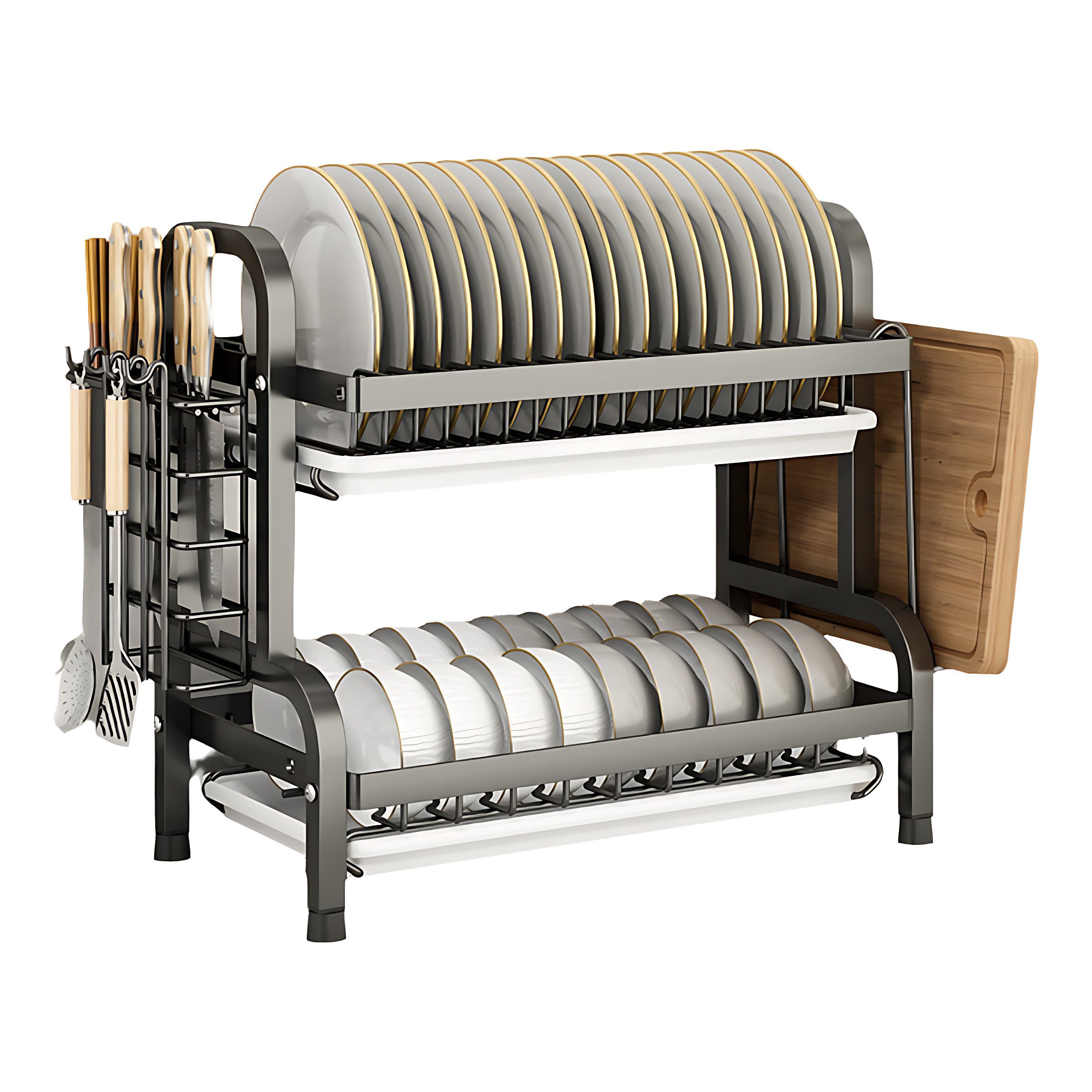 Forrlite Geschirrständer Abtropfgestell Geschirr, 2-stufiges Geschirrabtropfgestell Edelstahl, Zubehör für Geschirr/Messer/Schneidebrett, für 17 Teller und 18 Schüsseln,mit 4 bis 5 Personen