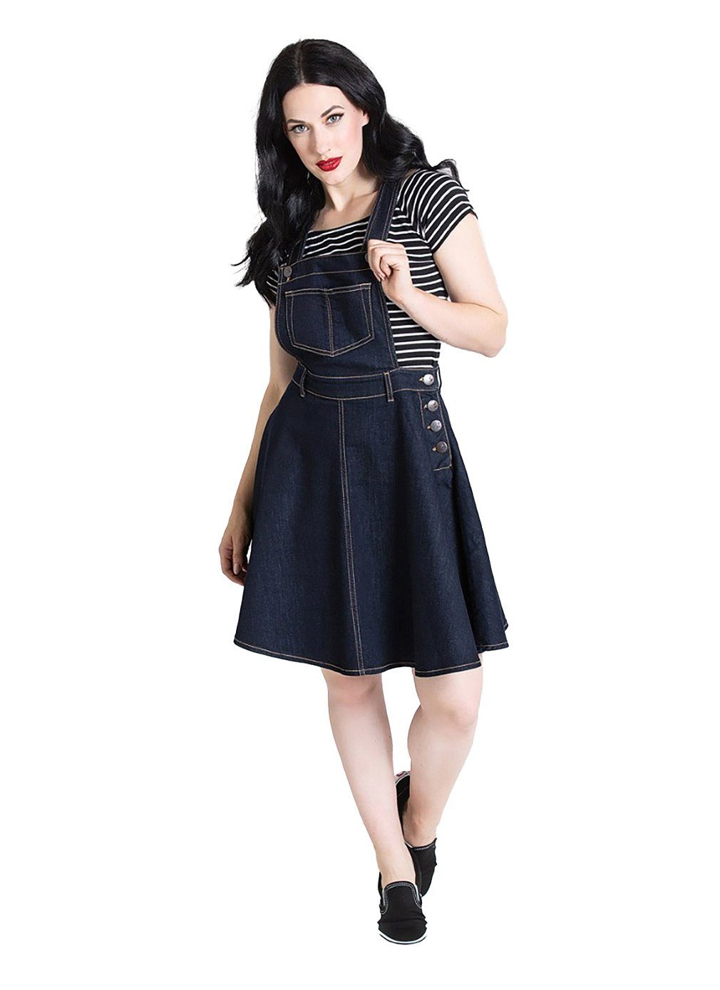 Hell Bunny A-Linien-Kleid Dakota Pinafore Dress Navy Retro Vintage Latzkleid Denimkleid