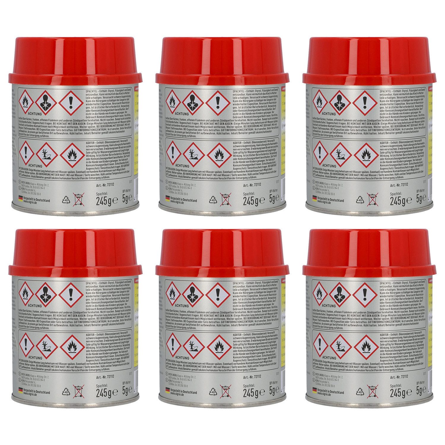 NIGRIN Fertigspachtel 6x Fein-Spachtel mit Härter 250g Spachtel-Masse Auto, (6x 250g Fein-Spachtel), Glättspachtel Zweikomponenten-Spachtel Porenfrei Karosserie Lack