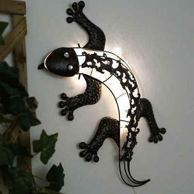etc-shop LED Dekofigur, Solar Wandlampen für Außen Tier Gartenfigur Gecko Solarleuchte Figur für die Wandmontage, Metall bronzefarben, je 1x LED, BxH 50x25 cm