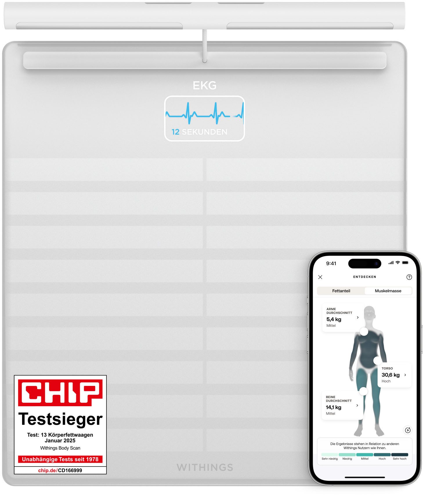 Withings Körper-Analyse-Waage Body Scan, mit integriertem 6-Kanal-Elektrokardiogramm (EKG)