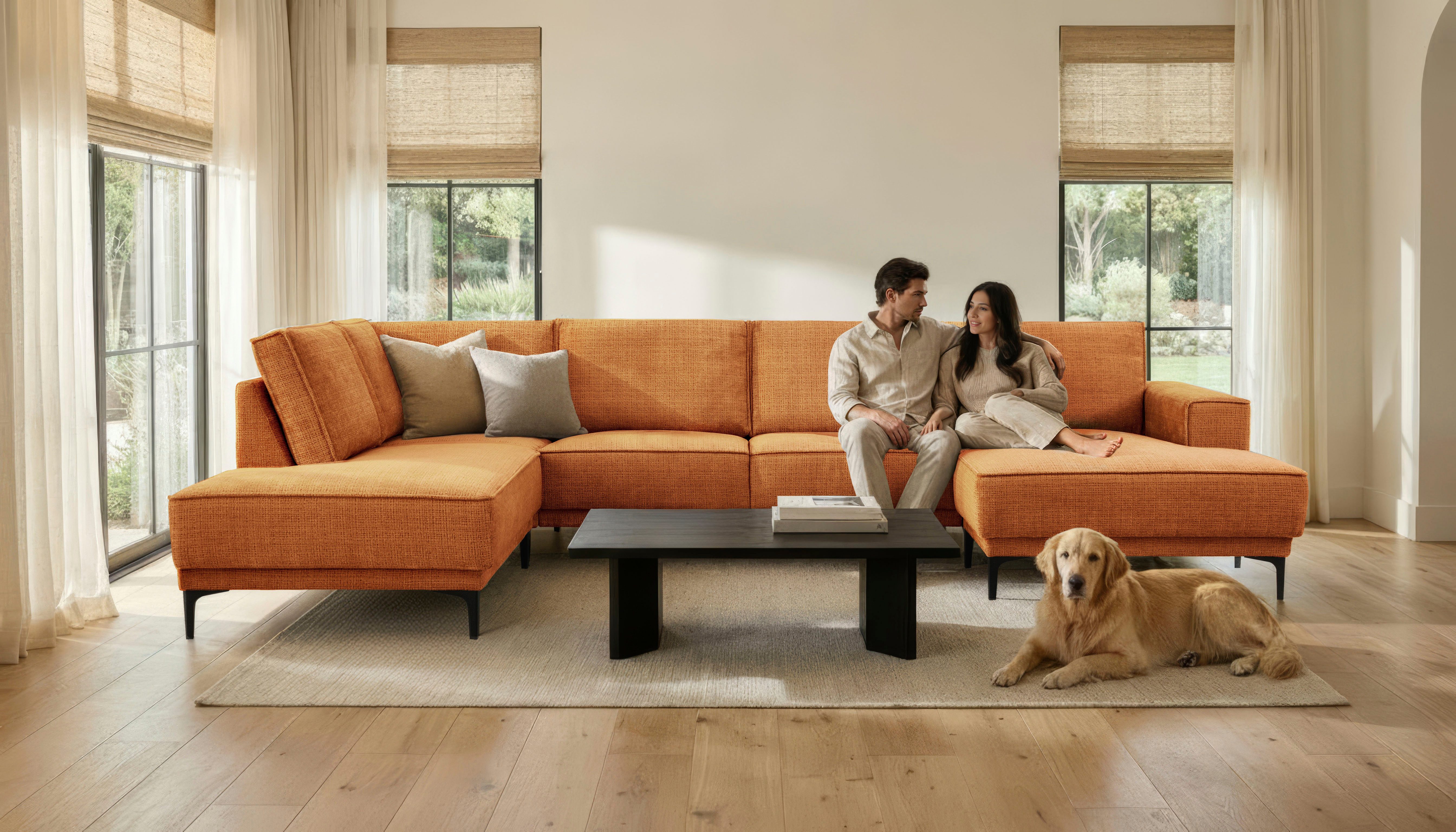 OTTO home Wohnlandschaft XXL Sofa Oland, Struktur, Flachgewebe, Luxus-Microfaser, Boucle, U-Form, 345 cm, Wellenunterfederung, Skandi-Design, Metallfüße