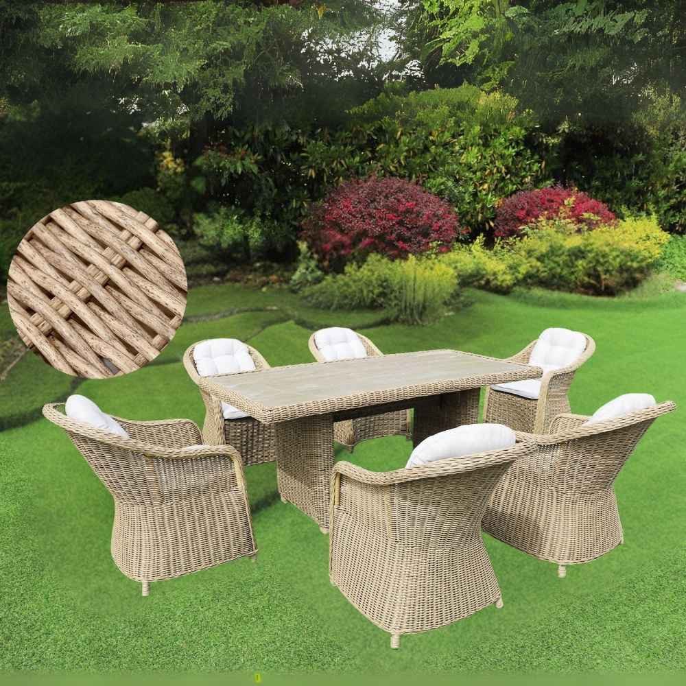 LebensWohnArt Gartenstuhl 7tlg. Sitzgruppe BELLA Natural rundes Polayrattan Loungemöbel-Set