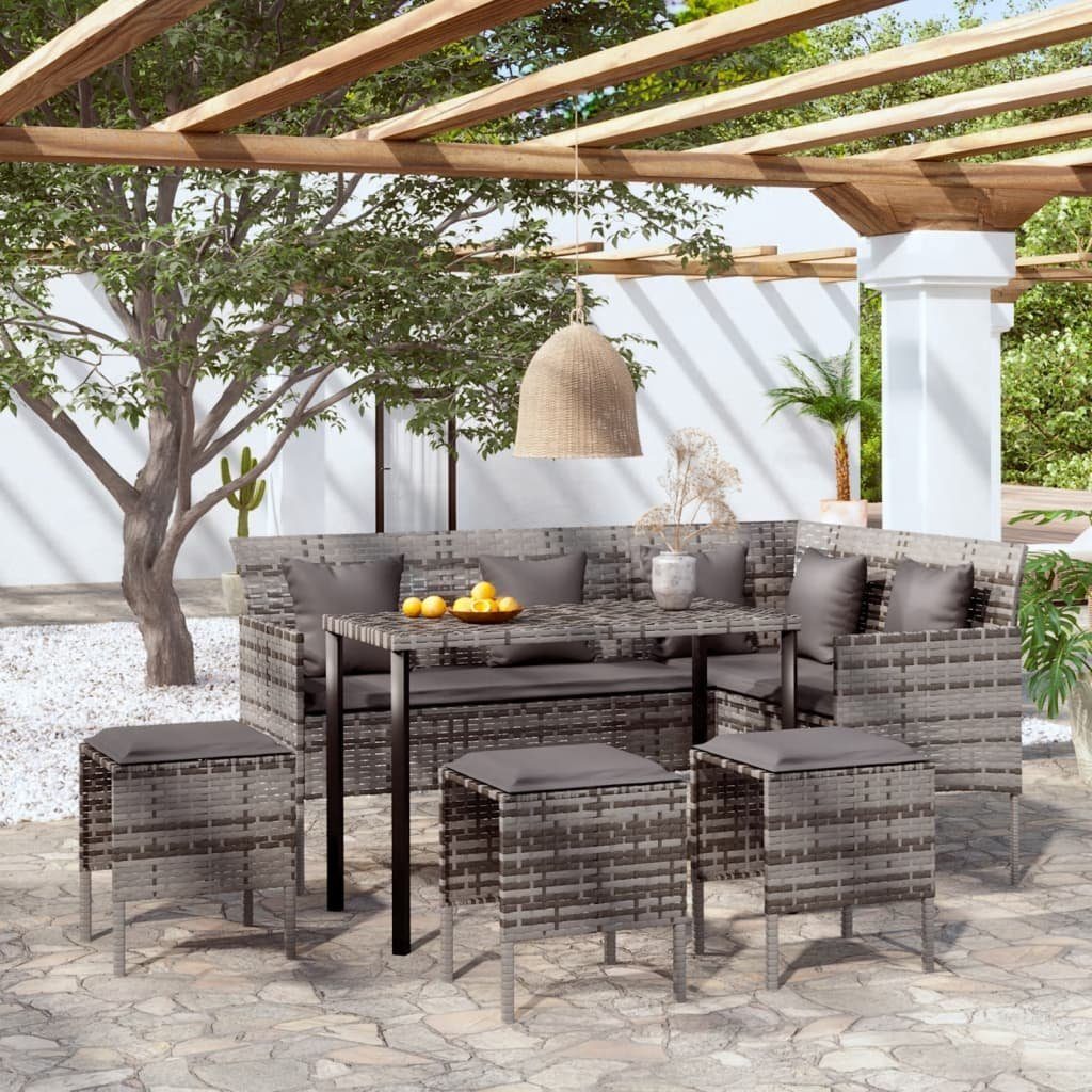 vidaXL Gartenlounge-Set 5-tlg. Sofagarnitur in L-Form mit Kissen Poly Rattan Grau, (5-tlg)