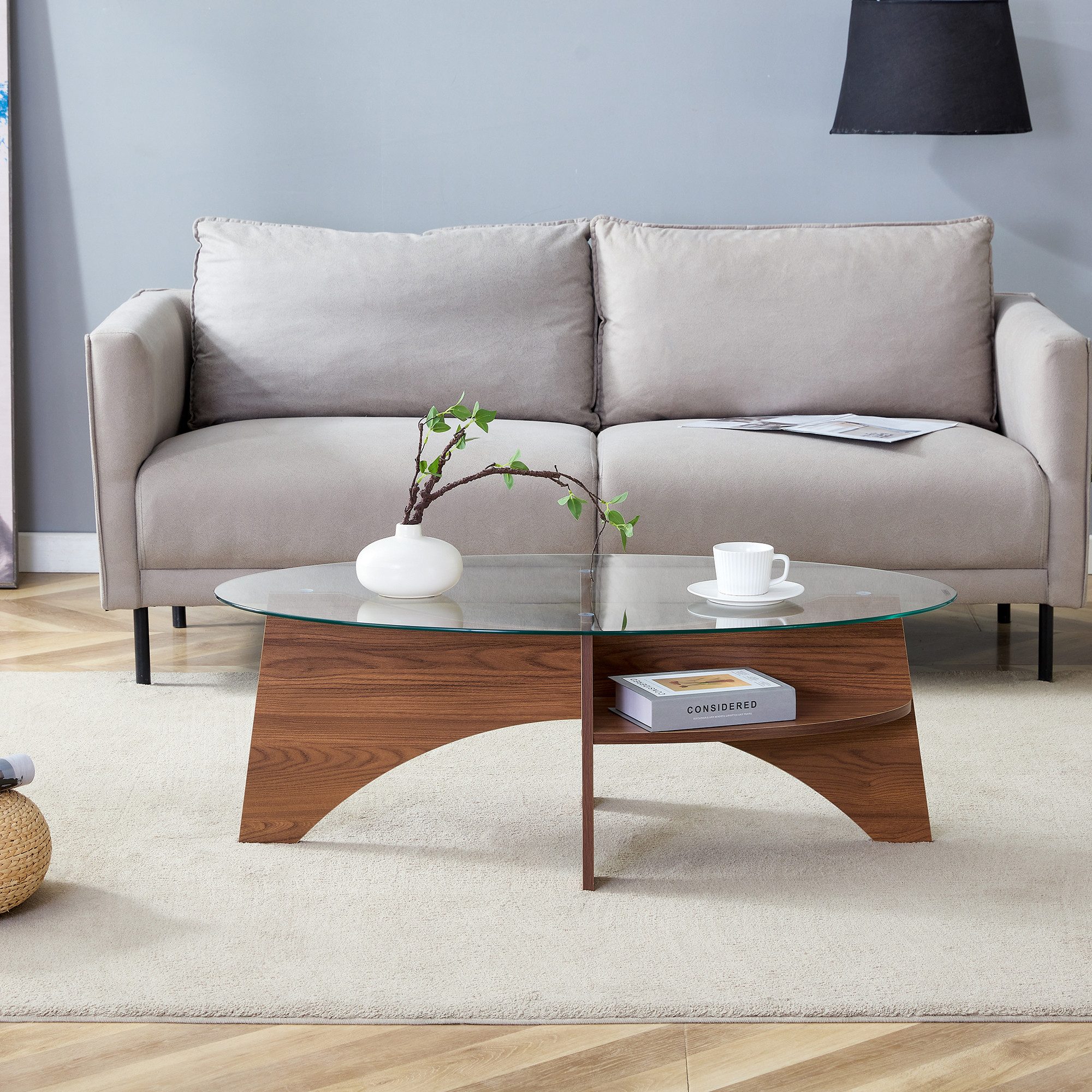 Odikalo Couchtisch Beistelltisch Kaffeetisch couchtisch rund (Ovaler Kaffee-Tisch aus Sicherheitsglas – 104,9 x 60 cm, Tischgestell mit nussbaumfarbenen, diagon – Bild 2 von 5