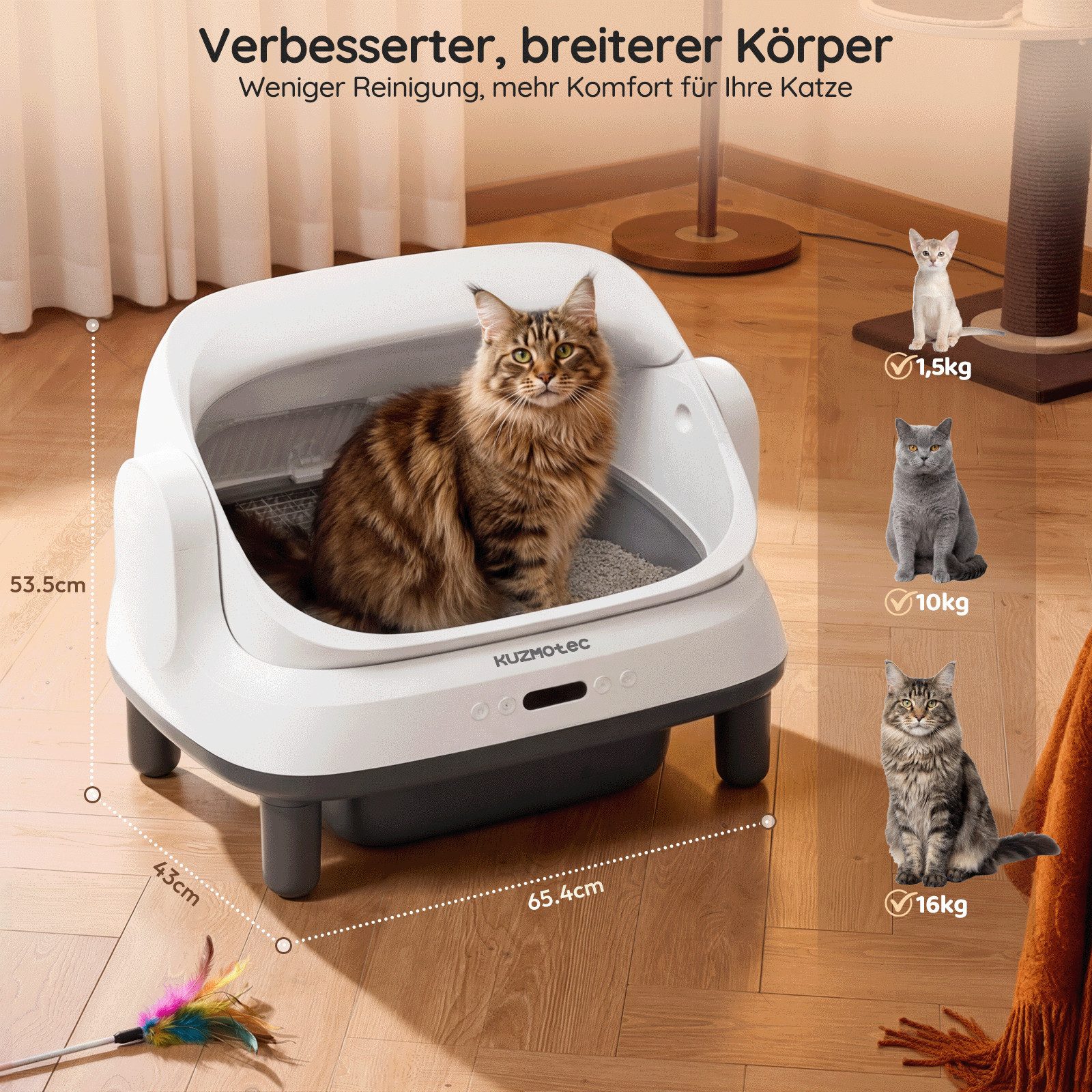 KuzmoTec Katzentoilette 120L XXXL Offenes katzenklo selbstreinigend,für 1,5-16kg große Katzen, mit App, doppelte Geruchssperre, IPX5 wasserdicht