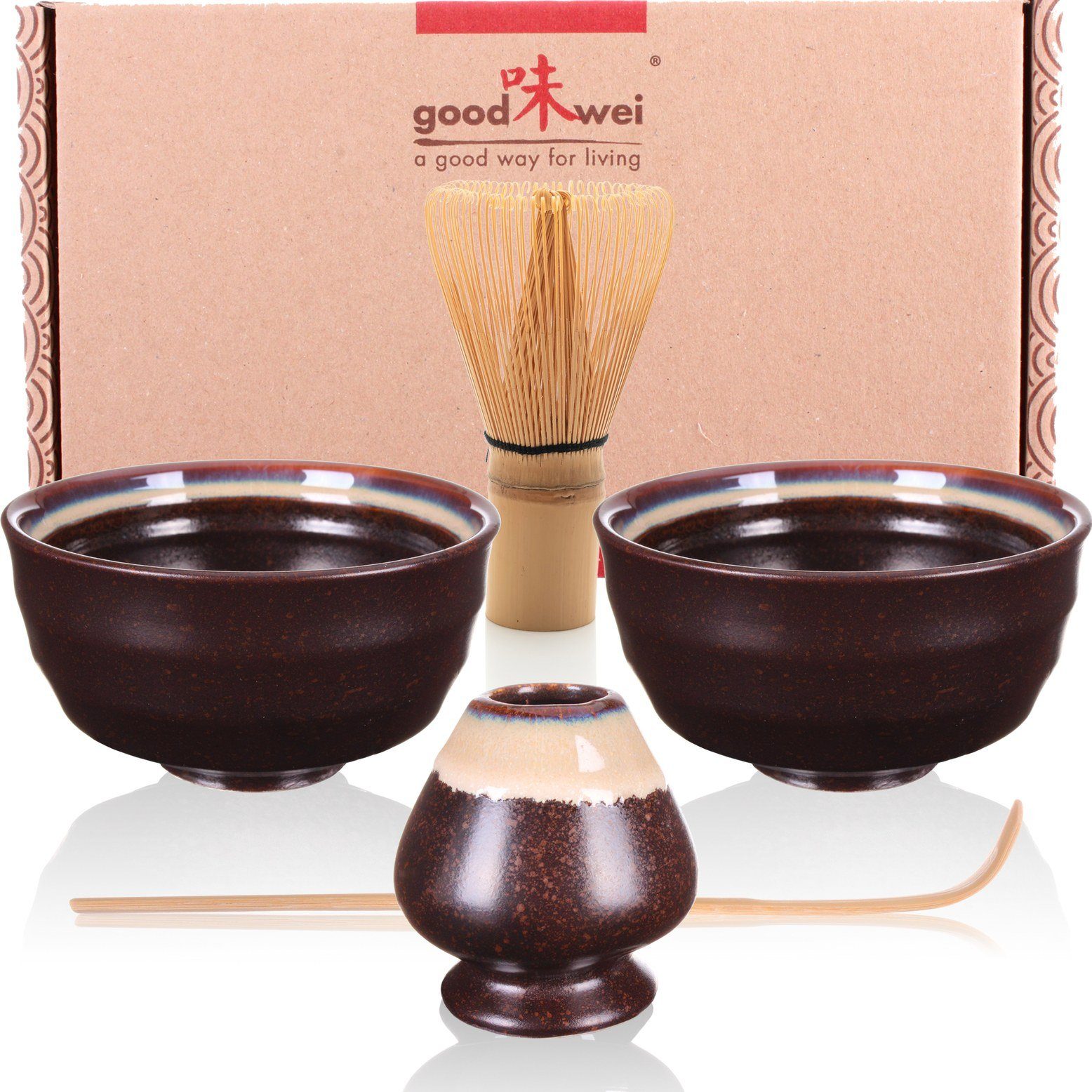 Goodwei Teeservice Matcha-Set "Kumo" Duo mit 2 Teeschalen, Matchabesen und Besenhalter (5-tlg), Keramik