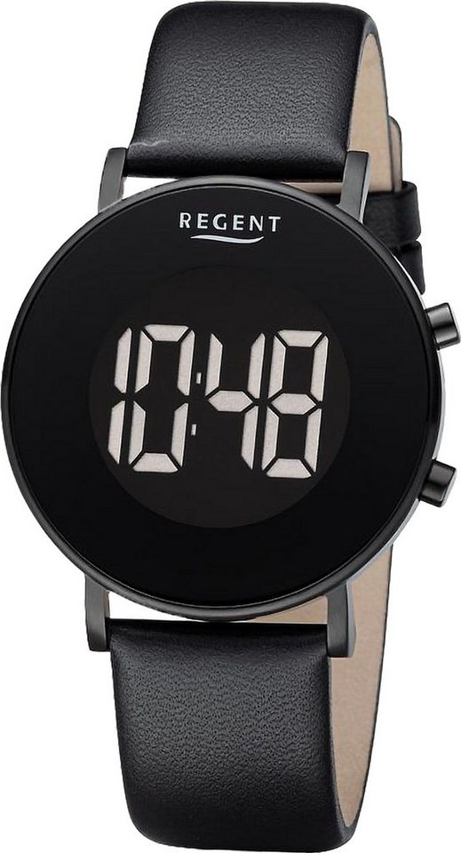 Regent Quarzuhr Regent Herren Armbanduhr Digital, Herren Armbanduhr rund,  extra groß (ca. 40mm), Lederarmband, Uhrzeit