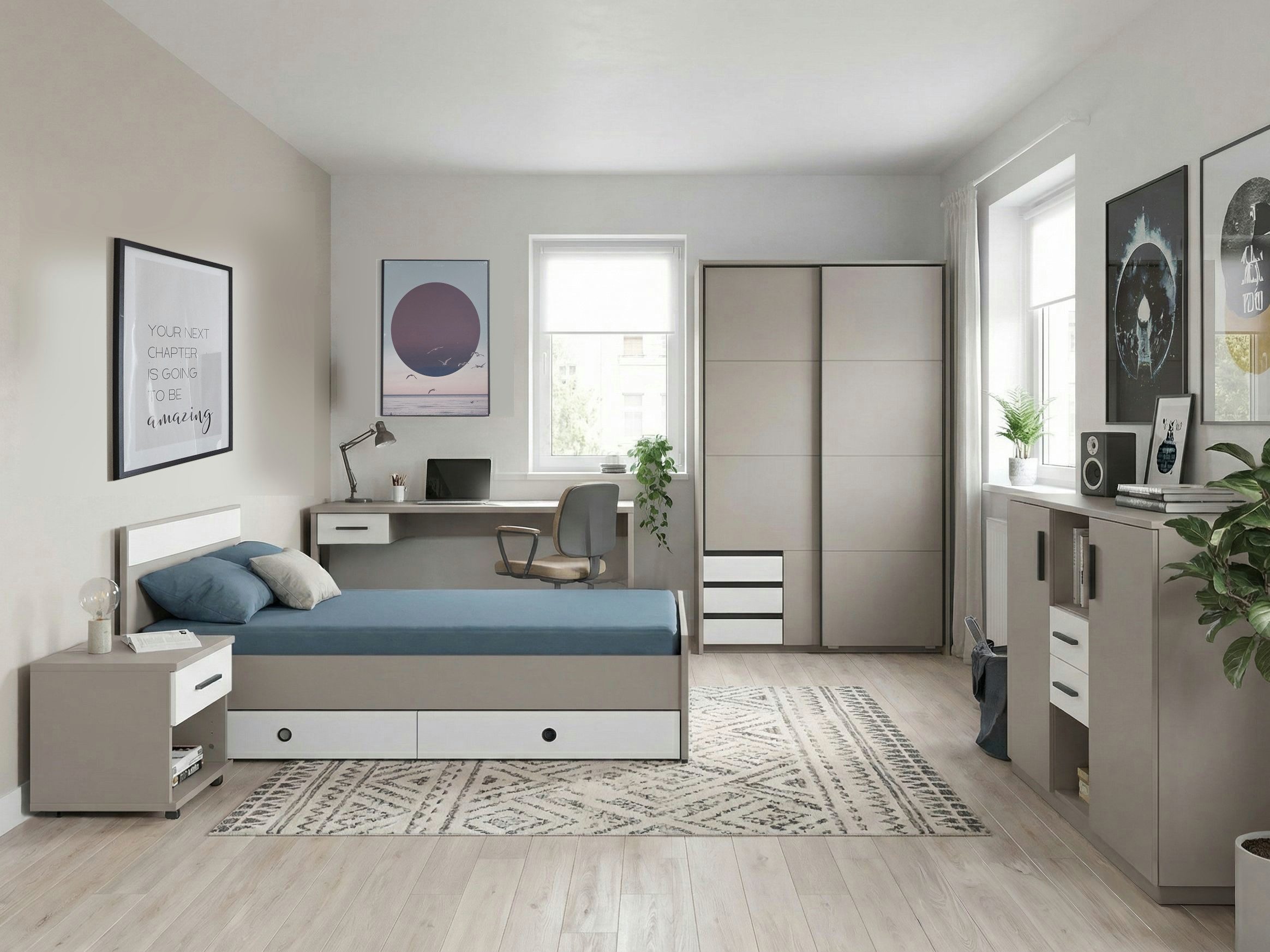 möbel-direkt.de Jugendzimmer-Set Bahamas in Saharagrau und Weiß oder Grafit mit Schwebetürenschrank, (Komplett Set, 8-tlg., in verschiedenen Zusammenstellungen wählbar), robuste, pflegeleichte Oberflächen