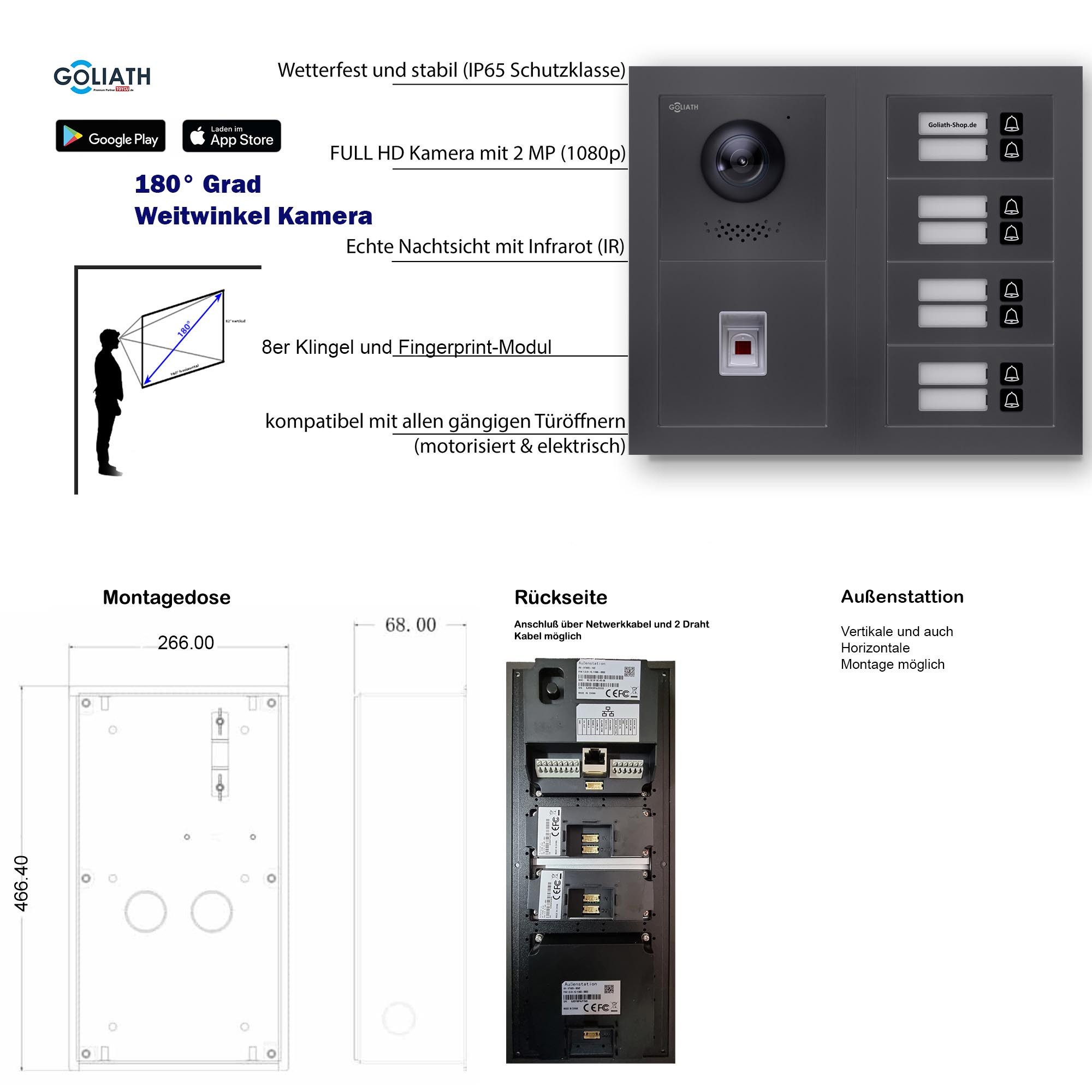 Goliath Intercom Video-Türsprechanlage Goliath IP Video Türsprechanlage: 7-Zoll 8 Familienhaus, Fingerprint, (Privat oder Gewerblich)