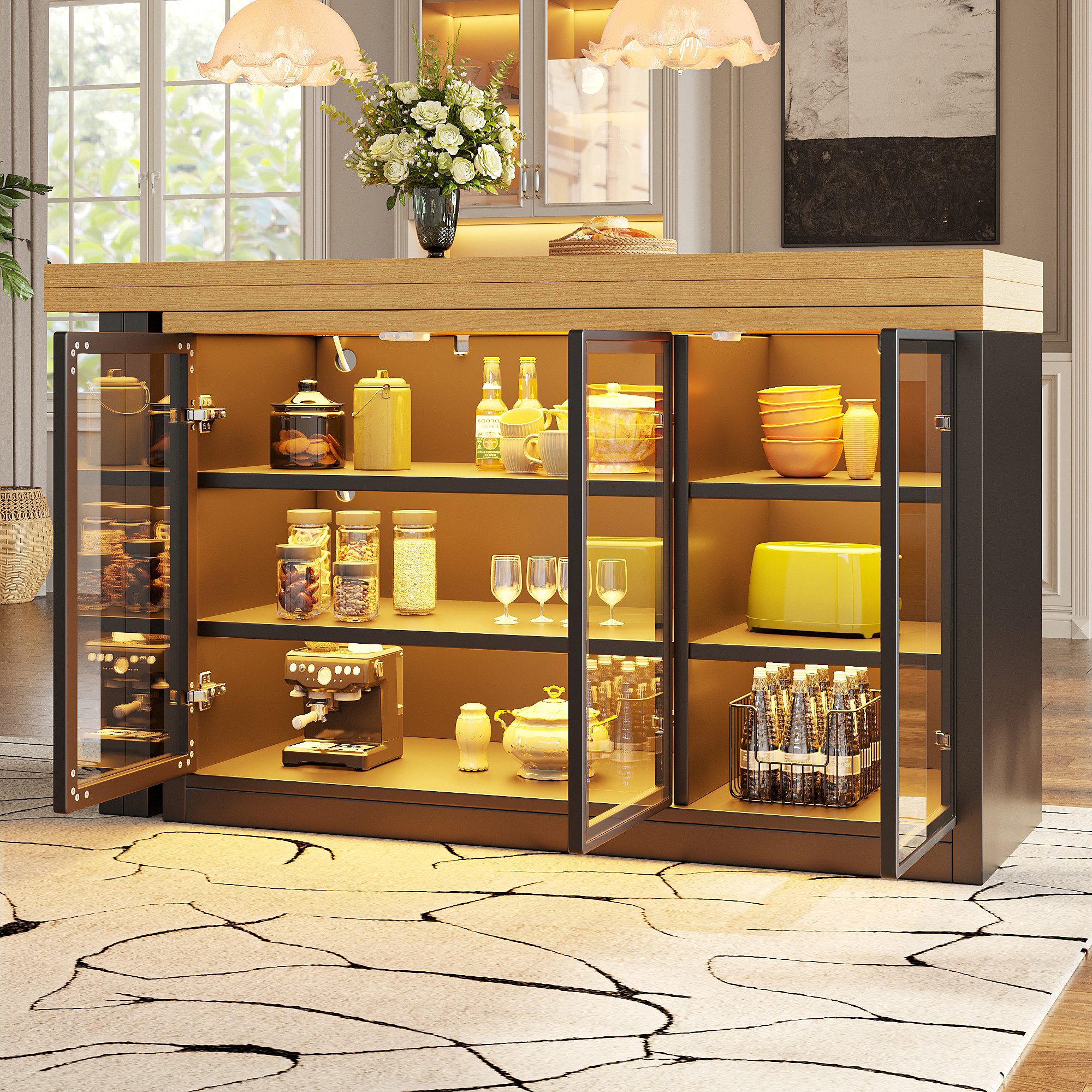 Flieks Kücheninsel mit 360° drehbarer und klappbarer Esstisch, LED-Beleuchtung, Glastüren, (Holzoptik Tischplatte Tiefe 40-80cm, Längenverstellbar 120-197 cm), ausziehbarer Arbeitstisch & multifunktional Mehrzweckschrank Schwarz