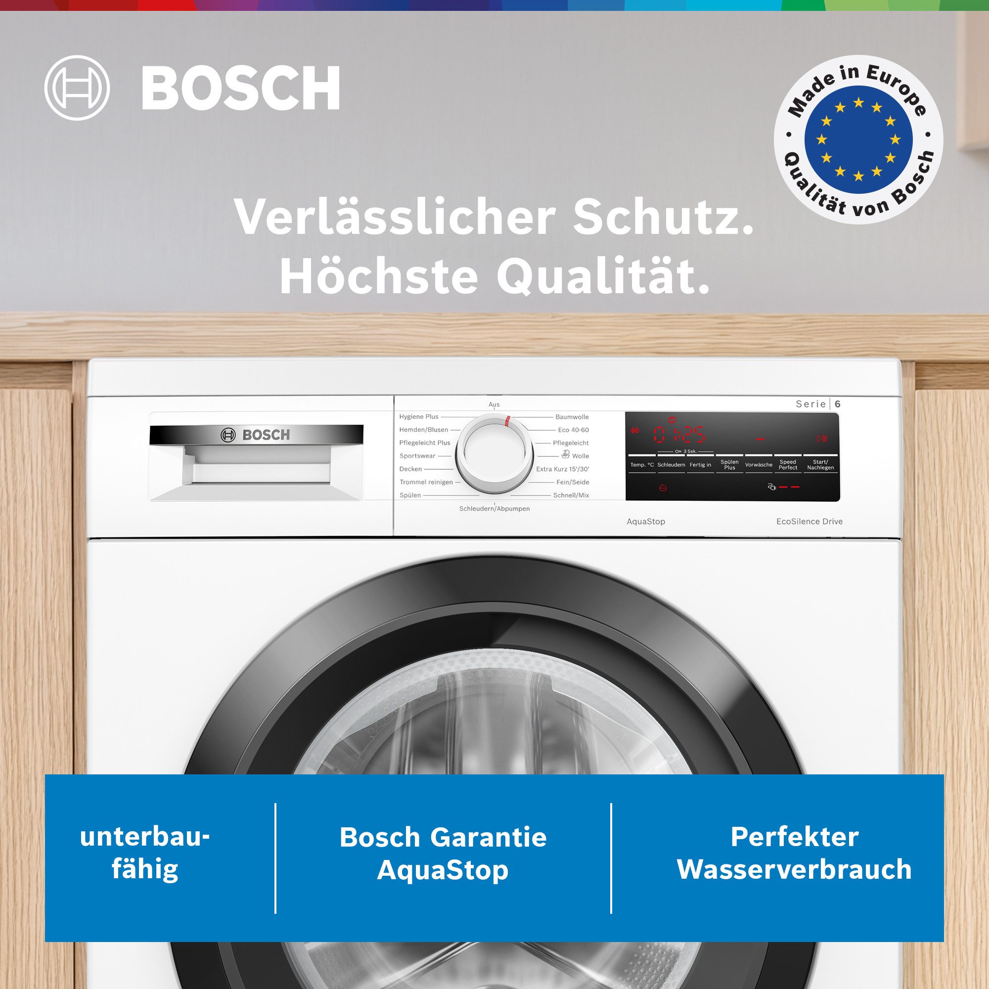 BOSCH Waschmaschine Serie 6 WUU28T48, 8 kg, 1400 U/min, unterbaufähig,Speed Perfect, Hygiene Plus, großes LED-Display – Bild 2 von 5