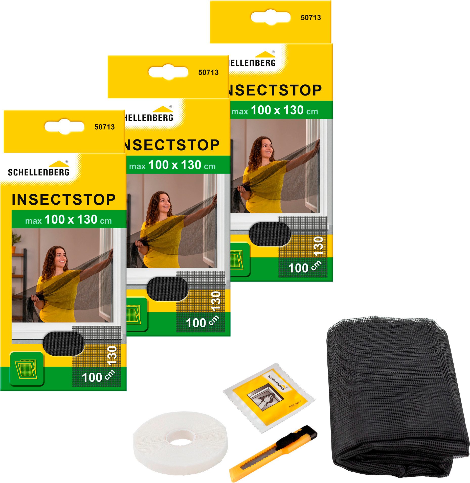 SCHELLENBERG Fliegengitter-Gewebe für Fenster ohne bohren, (Set, 3-St), Insektenschutz mit Klettband, 100 x 130 cm, anthrazit und weiß