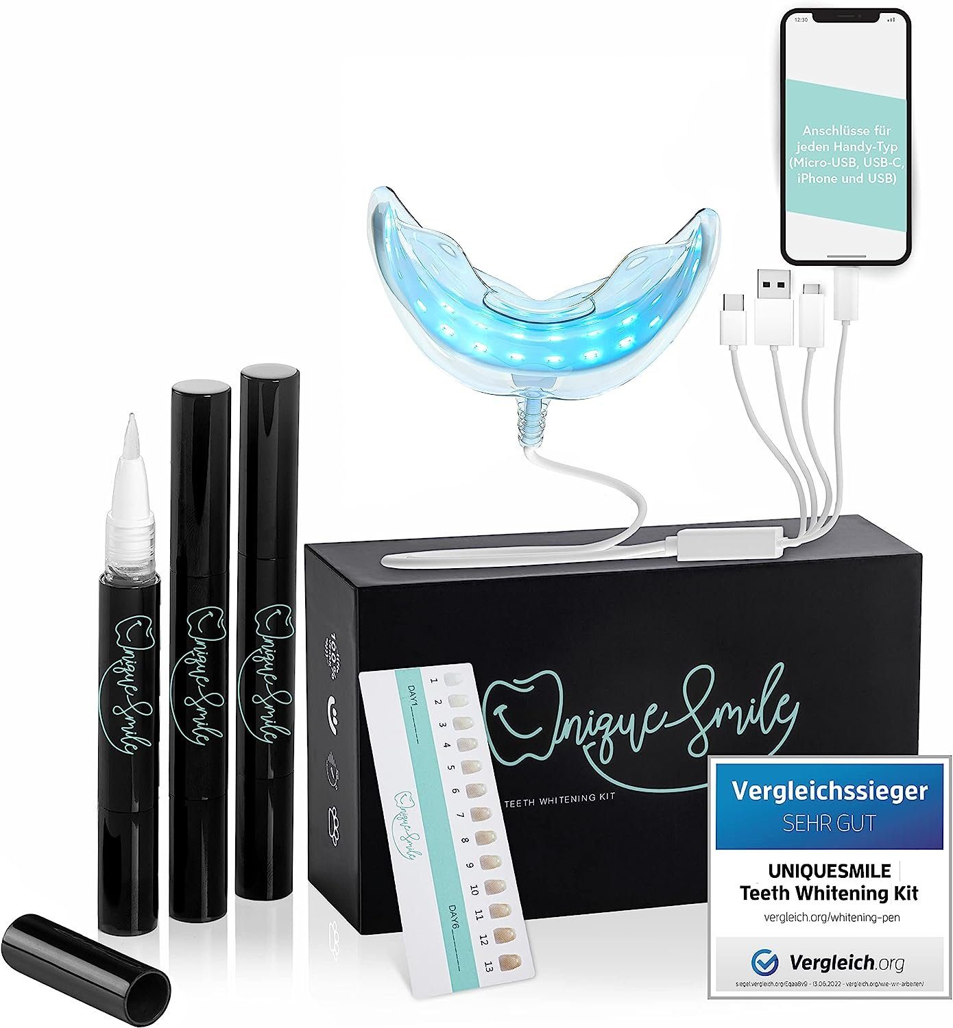 Uniquesmile Zahnbleaching-Kit Testsieger - 100 tage risikofrei testen - Teeth whitening kit, PAP Formel, LED Technologie, schmerzfrei, frei von Schadstoffen.
