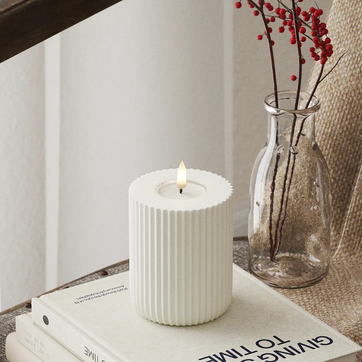 Deluxe Homeart LED-Kerze Echtwachs gerillt Durchmesser 8 cm günstig online kaufen