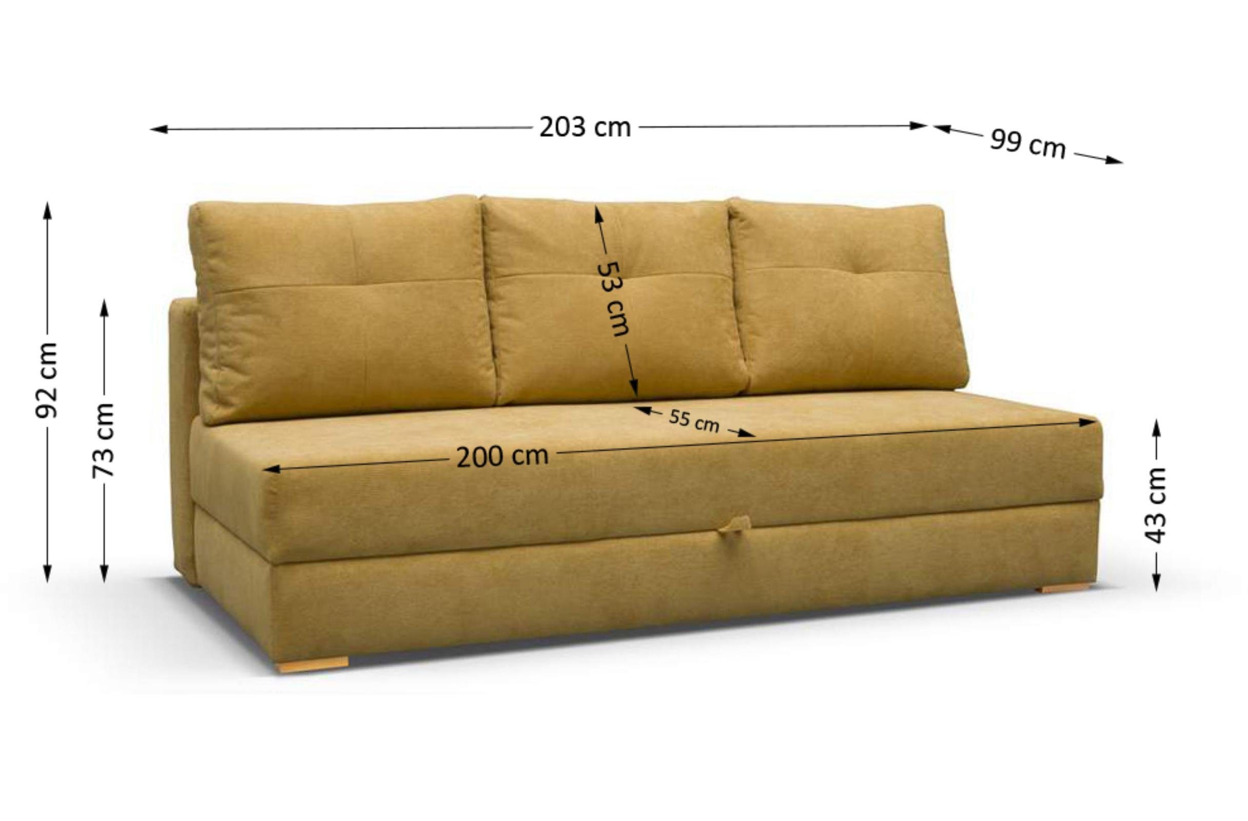 Bettkasten, Sofa Couch, 3-Sitzer (vardo Dafne, 68) Schlaffunktion, Beautysofa Schlafsofa, mit gelb