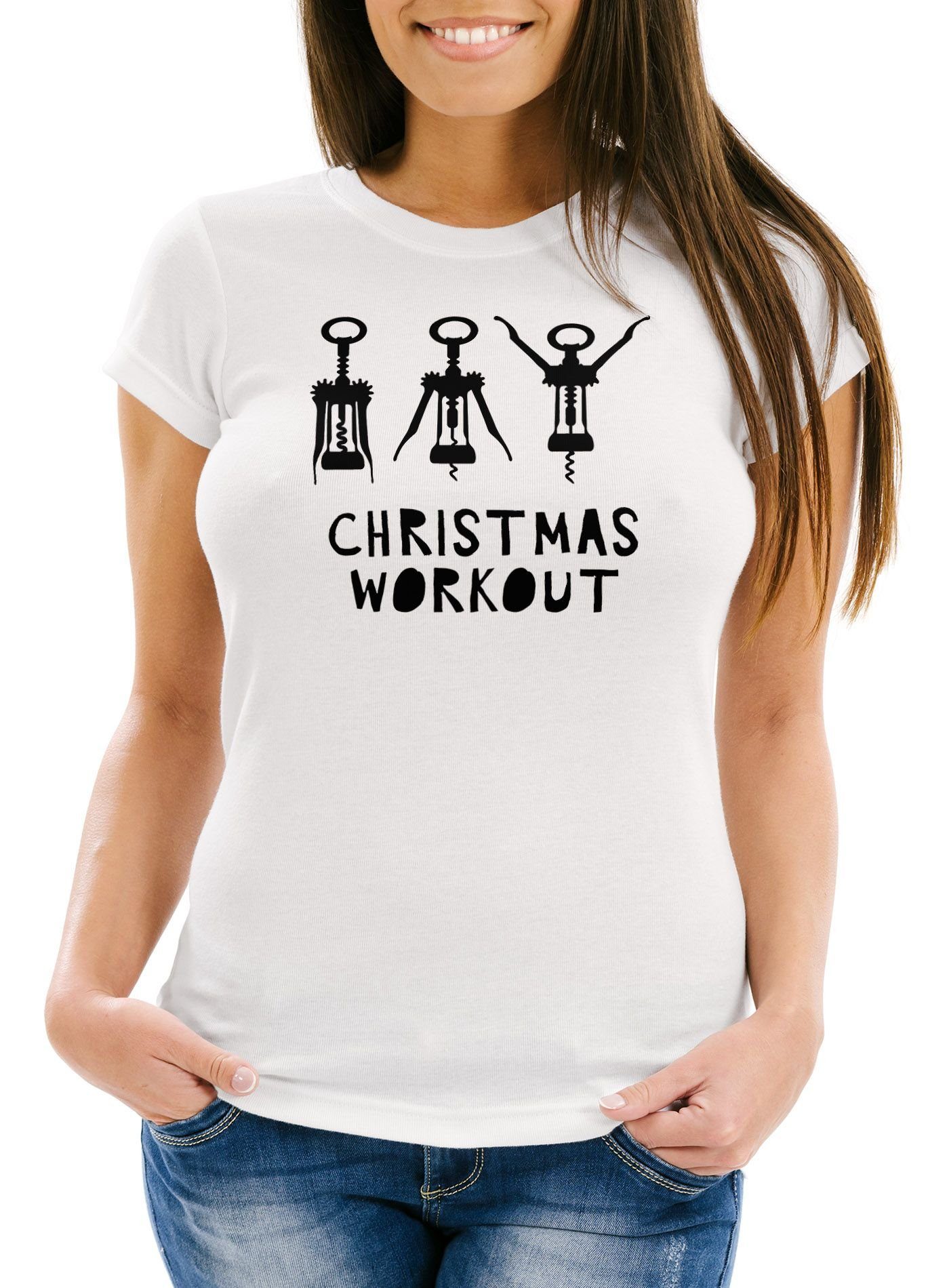 MoonWorks Print-Shirt Damen T-Shirt Weihnachten lustig Christmas Workout Flaschenöffner Korkenzieher Wein trinken Fun-Shirt Slim Fit Moonworks® mit Print weiß