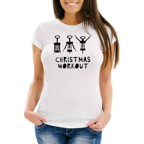MoonWorks Print-Shirt Damen T-Shirt Weihnachten lustig Christmas Workout Flaschenöffner Korkenzieher Wein trinken Fun-Shirt Slim Fit Moonworks® mit Print