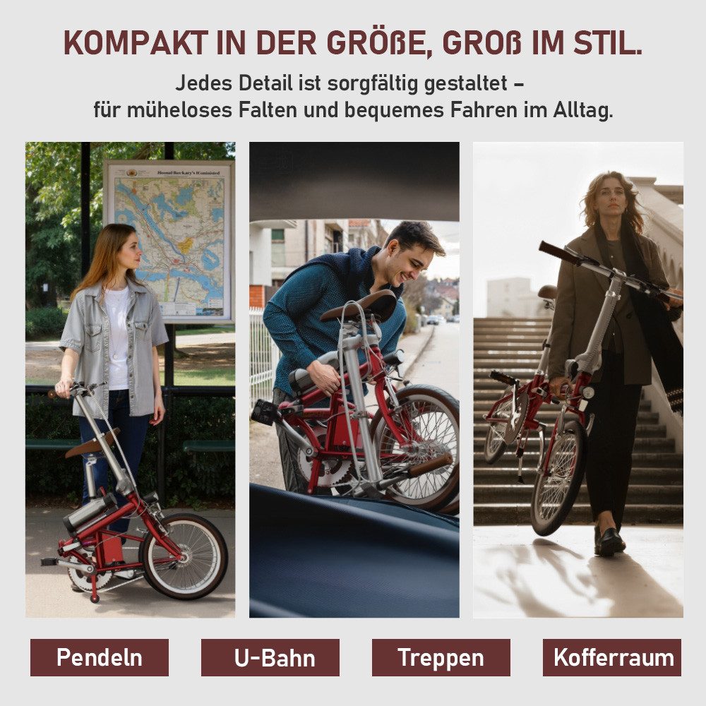 Onesport E-Bike Cityrad OT02 e bike für herren u.damen 187Wh 36V 250W klapprad, 1 Gang, Kettenschaltung, Heckmotor, 187,2 Wh, 36V 250W 30Nm Klapp-E-Bike 40km Reichweite 14,5kg leicht