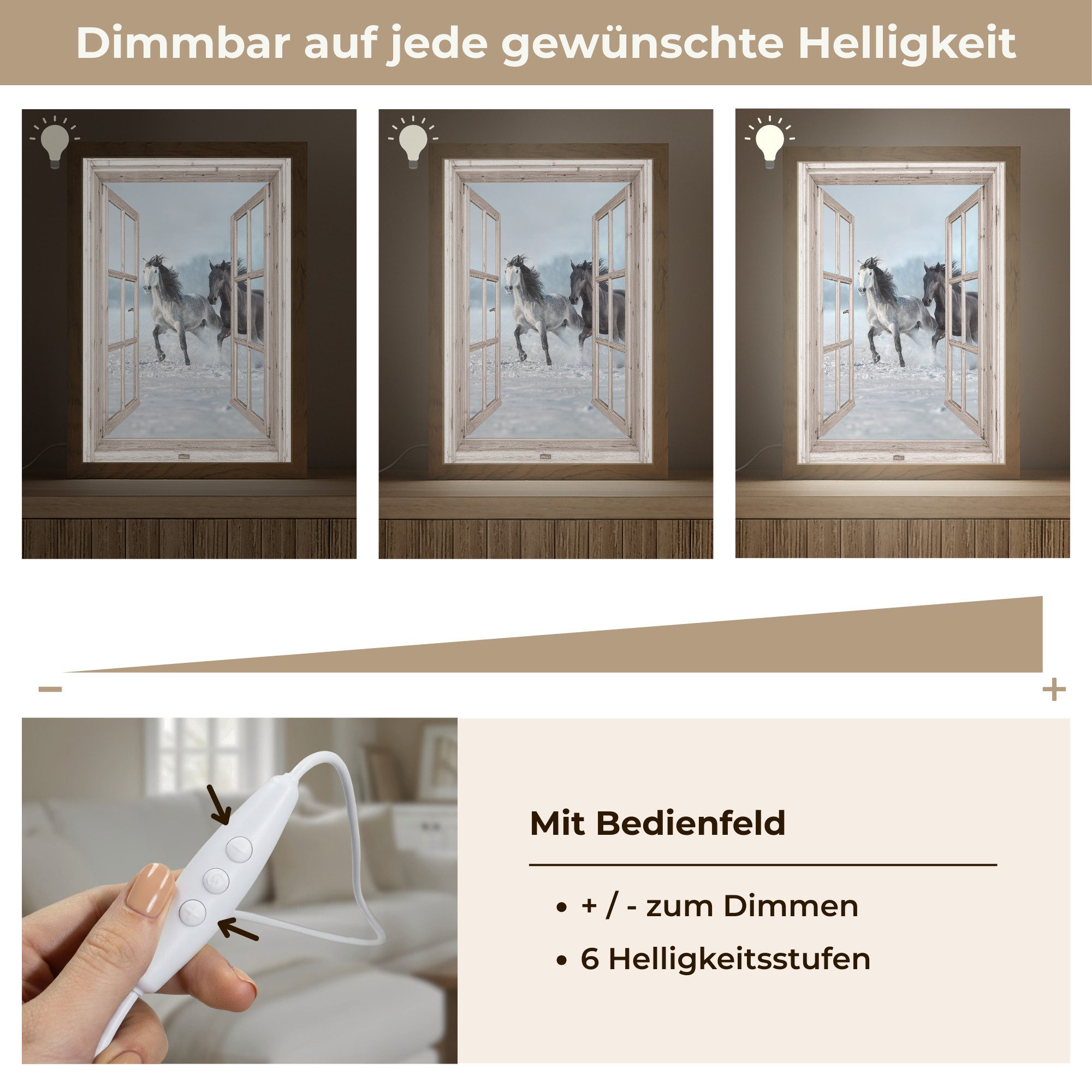 OnlyWow Wandleuchte Lightbox Fensterblick - Fenster - Pferde - Winter - Tiere - Natur - We, Dimmbar, Farbwechsel, LED, Warmweiß, Kaltweiß, Neutralweiß Einstellbar, Wandlampe Innen, Dimmbar, mit Kabel, LED, Beleuchtung, Wohnzimmer
