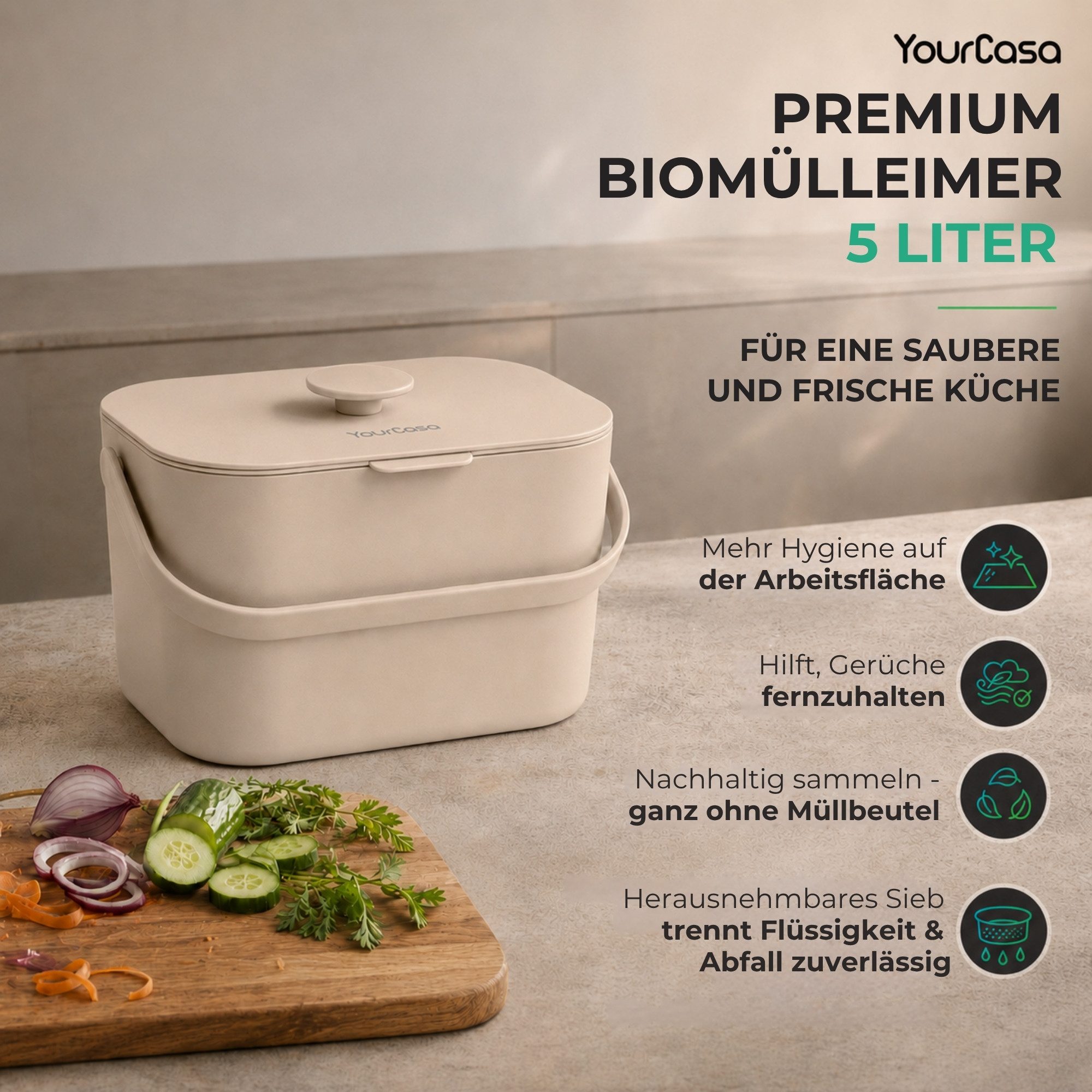 YourCasa Biomülleimer Küche 5L - Komposteimer Küche mit Sieb Spülmaschinenfest, Fassungsvermögen 5L, Spülmaschinenfest